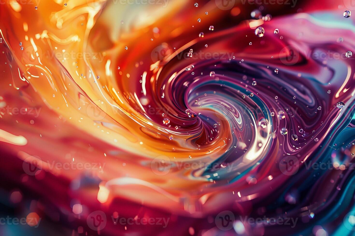 AI generated Close-up of a captivating mix of oil and water colors swirling together, accented by sparkling water droplets. photo