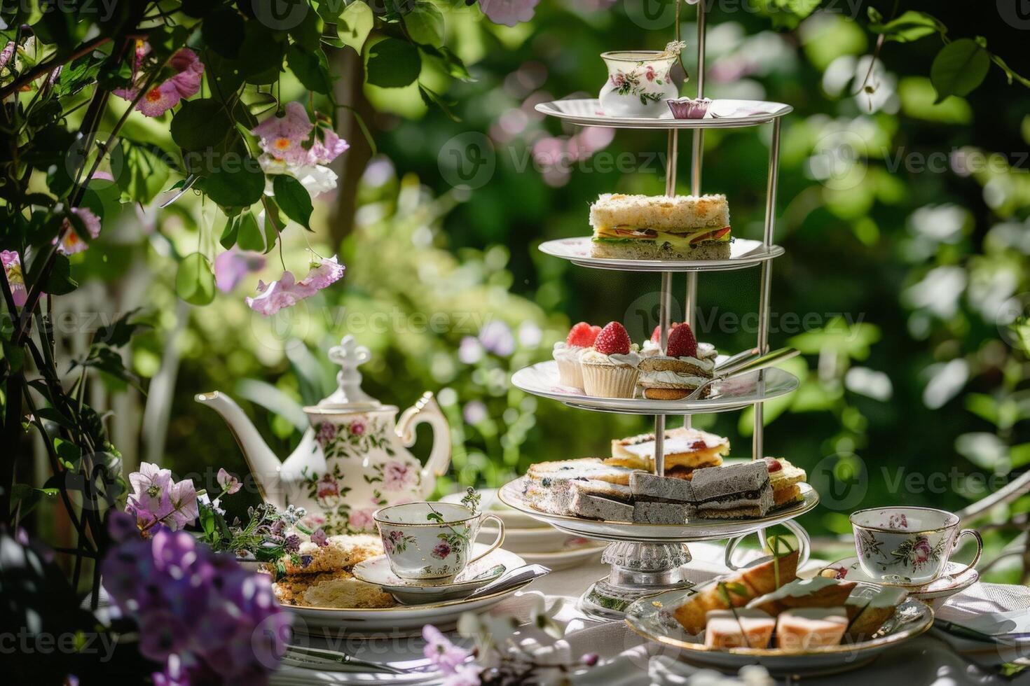 AI generated Exquisite table adorned with plates of food and cups for an elegant afternoon tea in a regal old estate. photo