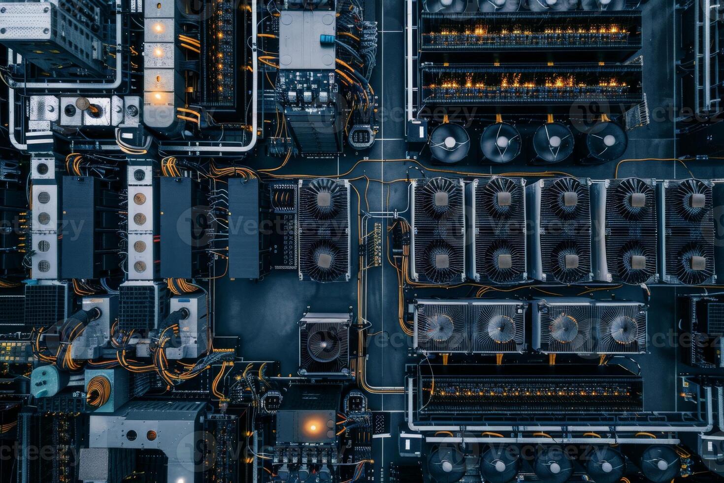 AI generated Overhead view capturing the complex layout of a sprawling data center during the evening hours. photo