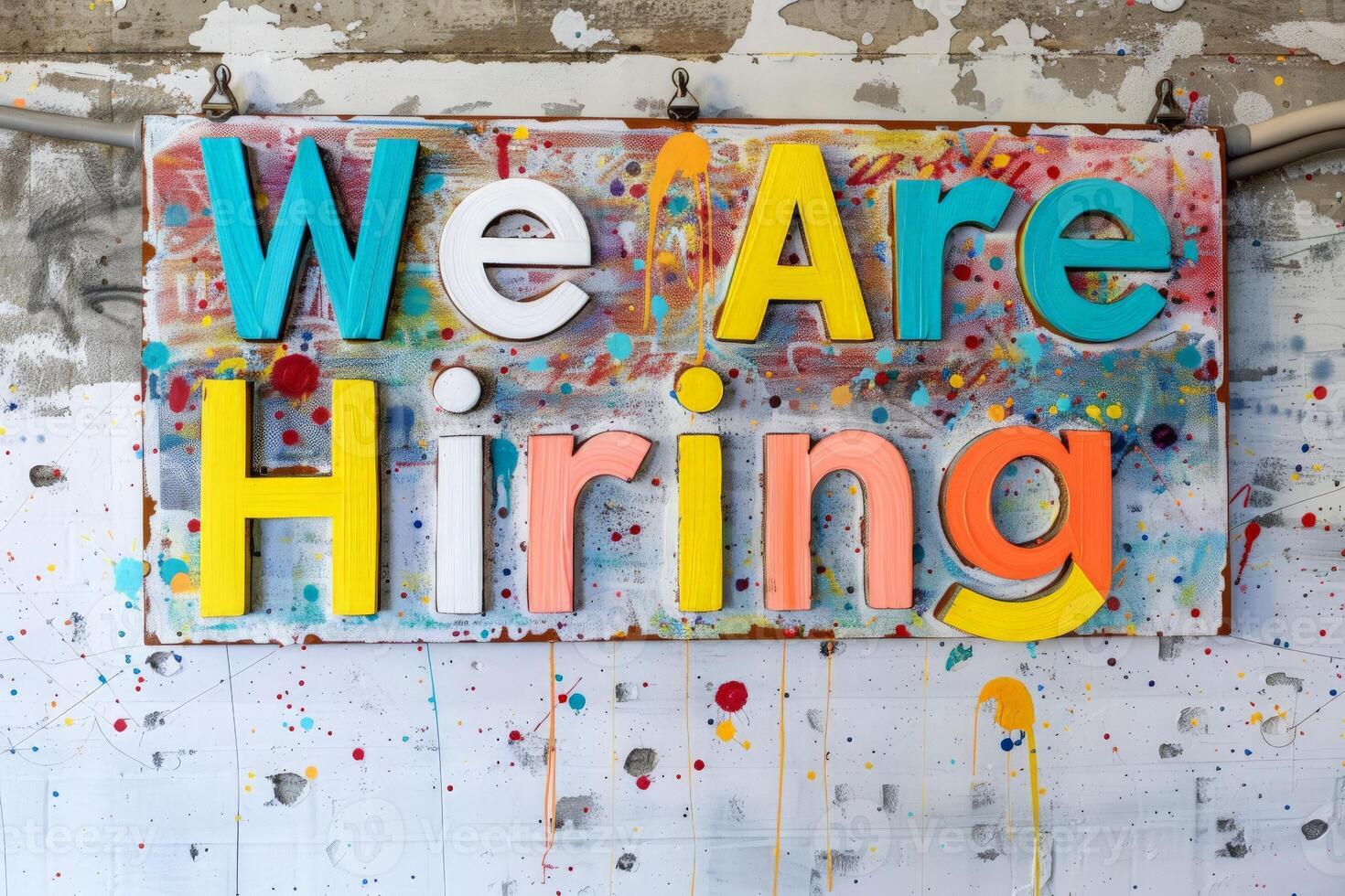 AI generated A colorful hand-painted We Are Hiring sign stands out on a wall, inviting job seekers to apply for available positions. photo