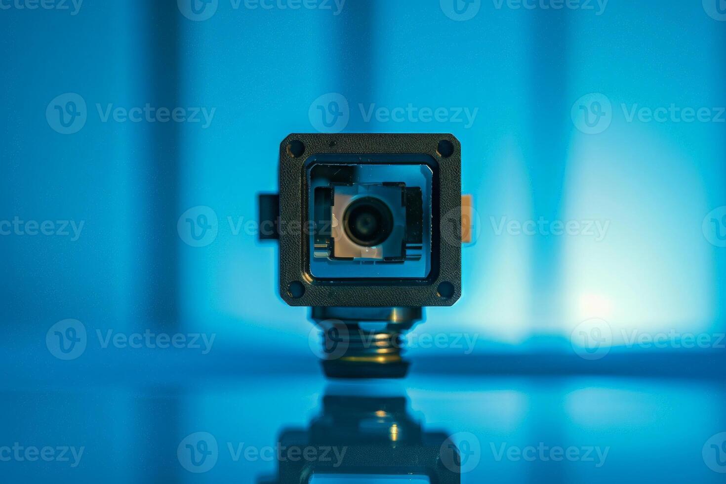 AI generated A compact camera perched atop a wooden table, capturing its surroundings with precision and clarity. photo