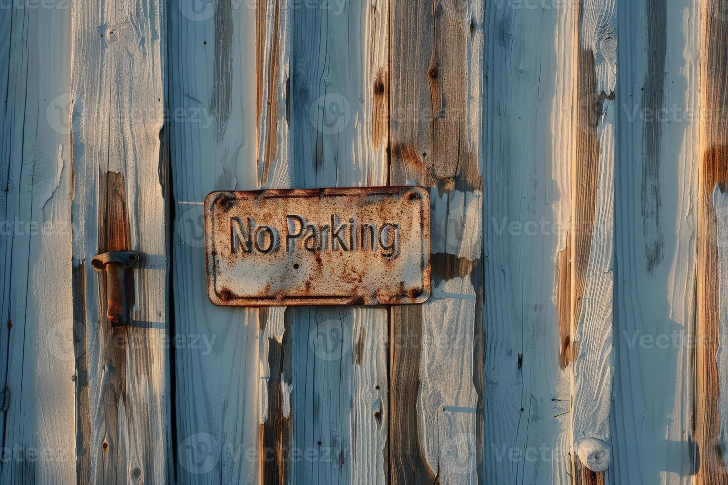 AI generated A weathered, rusted No Parking sign is attached to a wooden fence, standing as a reminder against unauthorized parking. photo