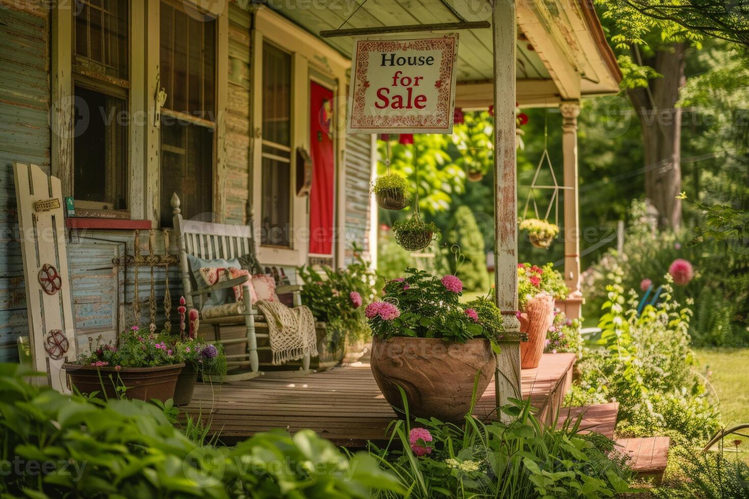 AI generated A quaint house with a charming For Sale sign on the front porch, waiting for the perfect buyer to make it a home. photo