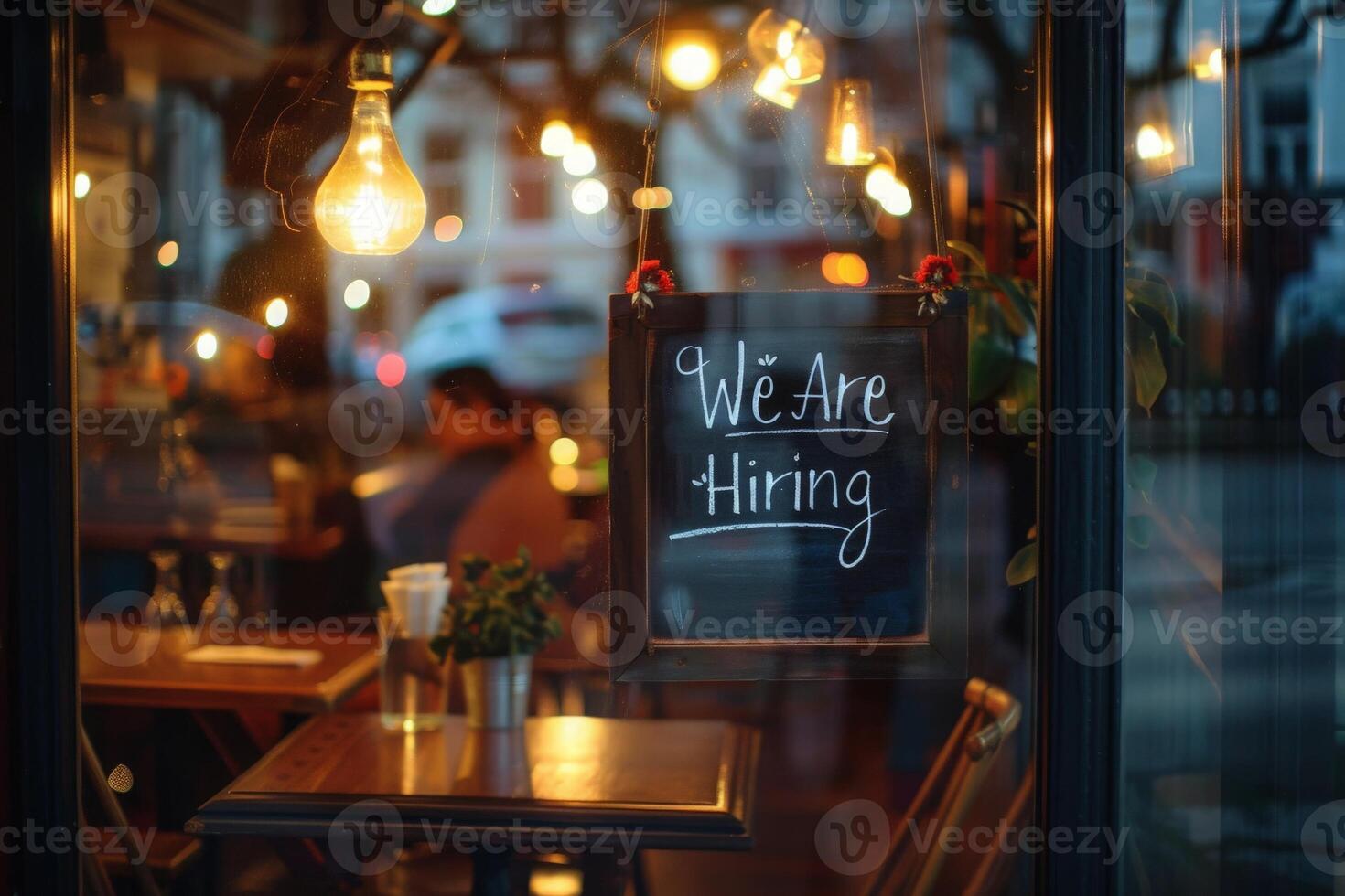 AI generated A cozy cafe window displays a sign that reads We Are Hiring, inviting passersby to consider joining the team. photo