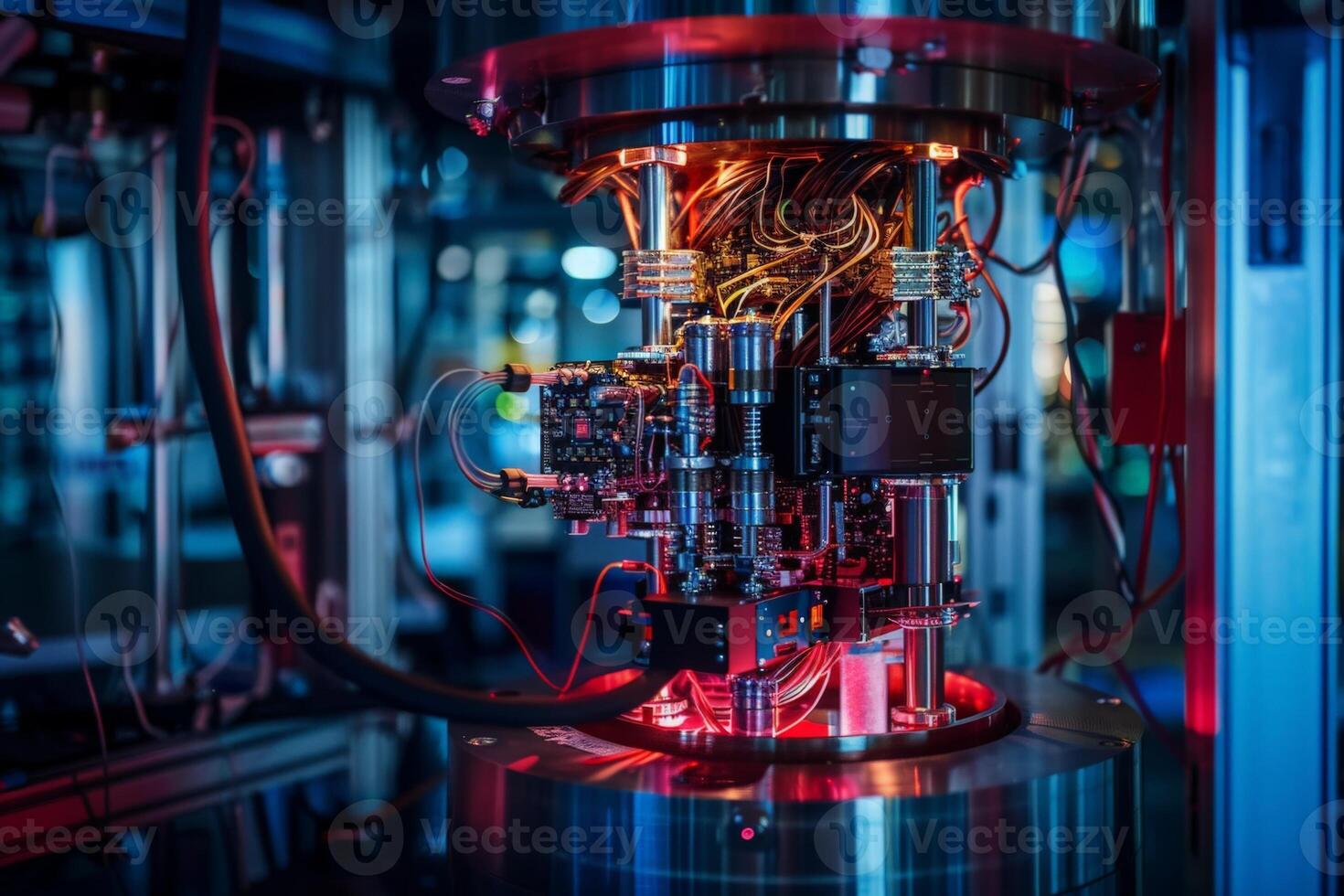AI generated A detailed view of a sophisticated machine with a network of intricate wires interconnecting various components. photo