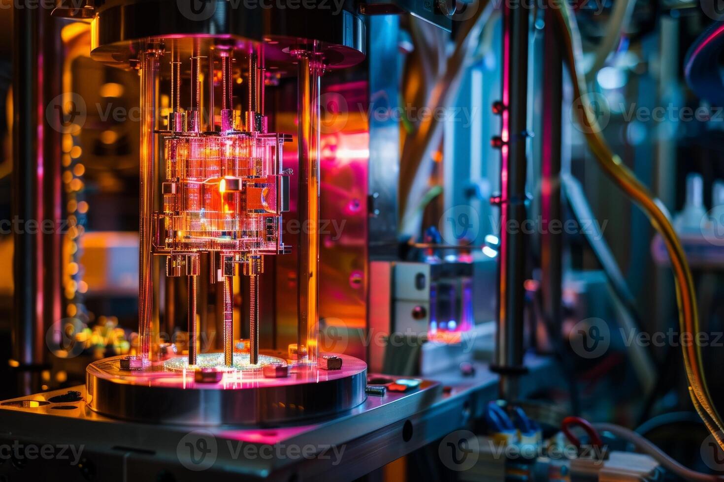 AI generated An isolated quantum computer hums softly in a secure, dimly-lit chamber, as mysterious calculations take place within its complex machinery. photo