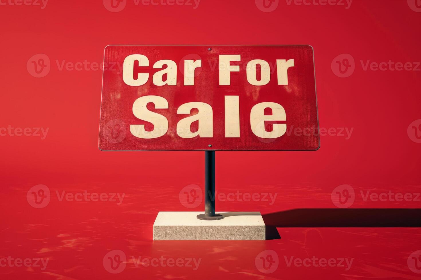 AI generated Bright red car for sale sign displayed on tabletop, catching attention with bold text. photo