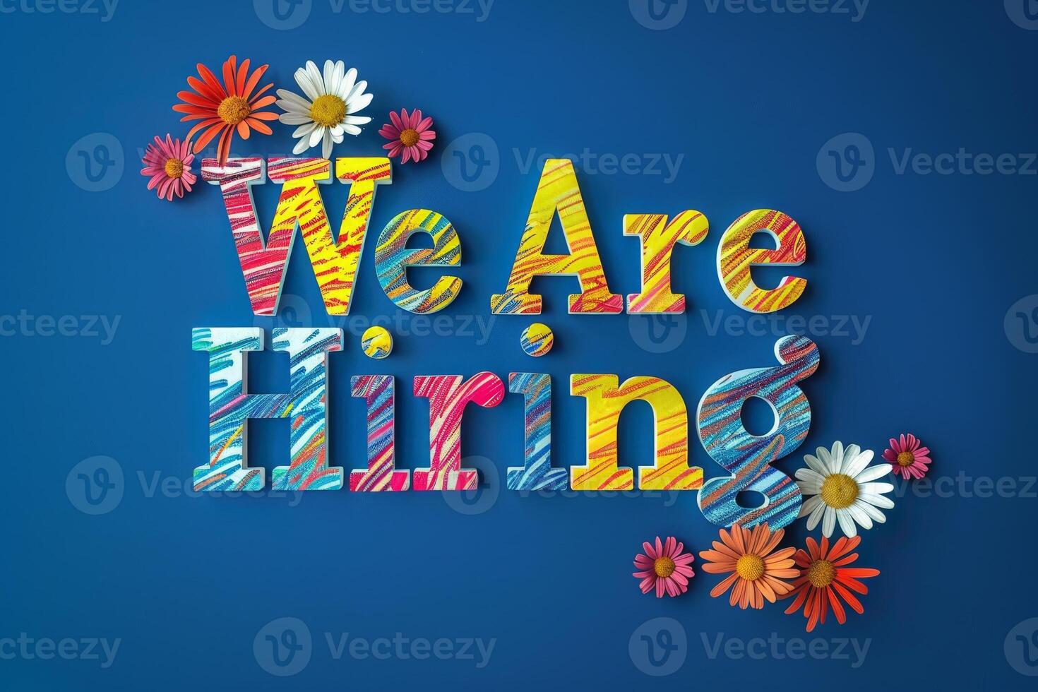 AI generated Colorful paper flowers spell out We Are Hiring in an artistic and creative display, symbolizing a new opportunity and growth. photo