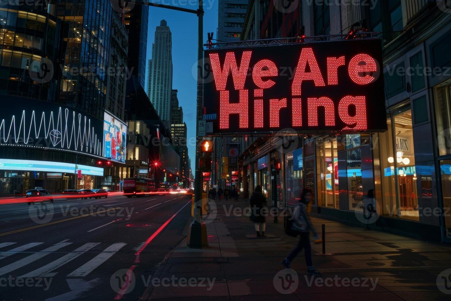 AI generated A sign on a city street reads We Are Hiring, attracting potential candidates for job opportunities. photo