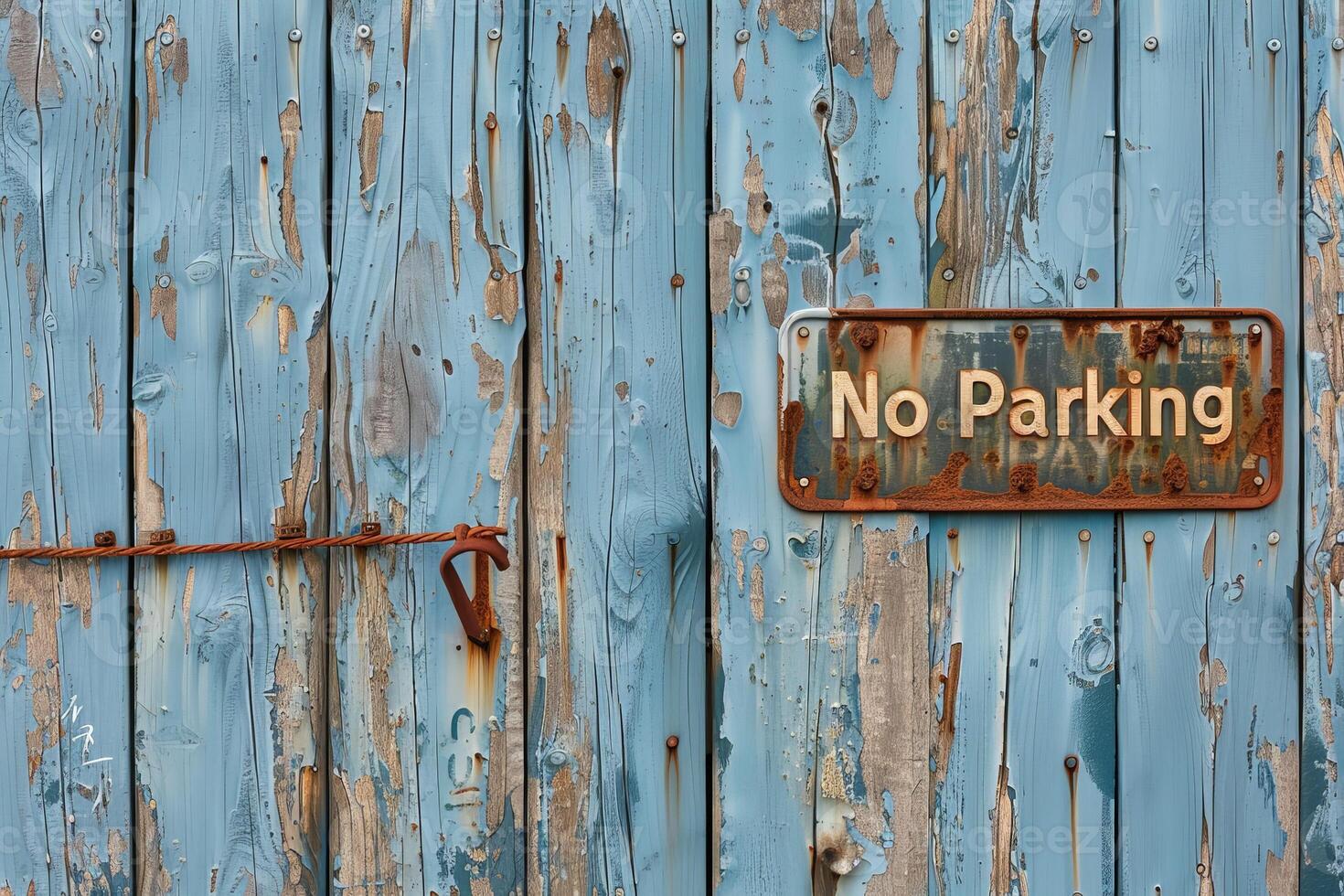 AI generated A weathered No Parking sign affixed to a wooden door, showcasing the passage of time and neglect. photo