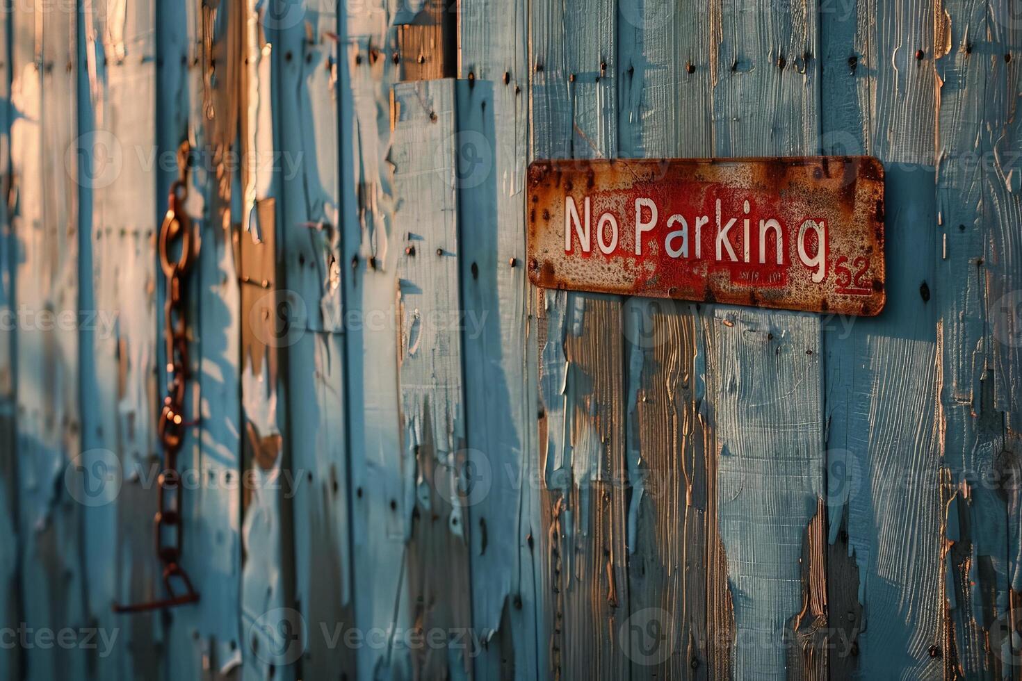 AI generated A weathered no parking sign clings to a wooden fence, rust seeping through its once authoritative facade. photo