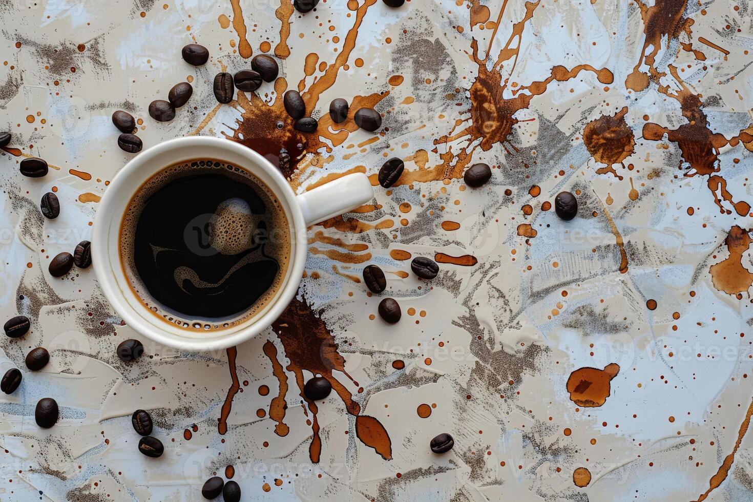 AI generated A hot cup of coffee rests on a wooden table, filled with steam rising delicately into the air. photo