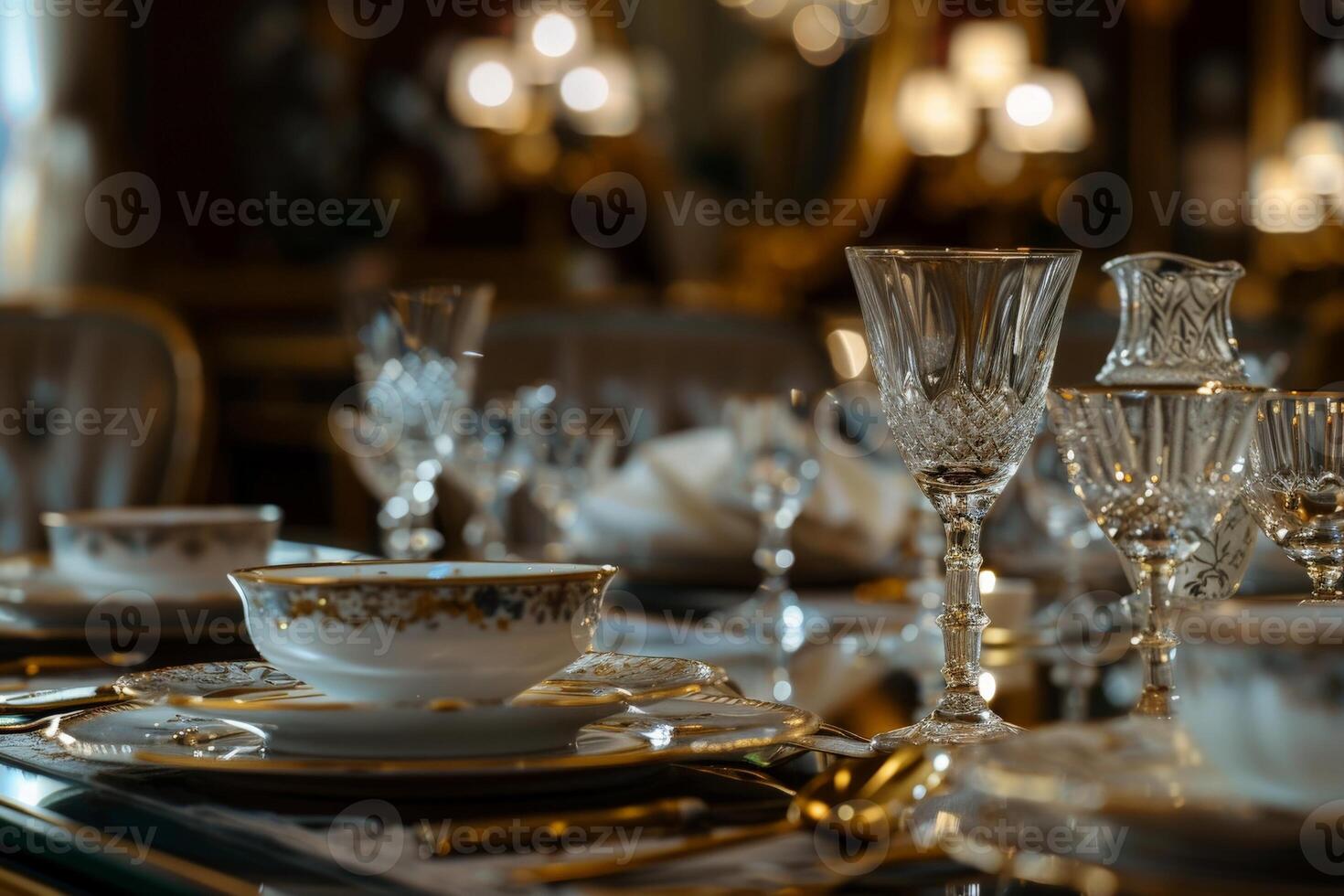 AI generated A beautifully adorned dining table displays an array of dishes and glasses, inviting guests to indulge in a culinary experience. photo