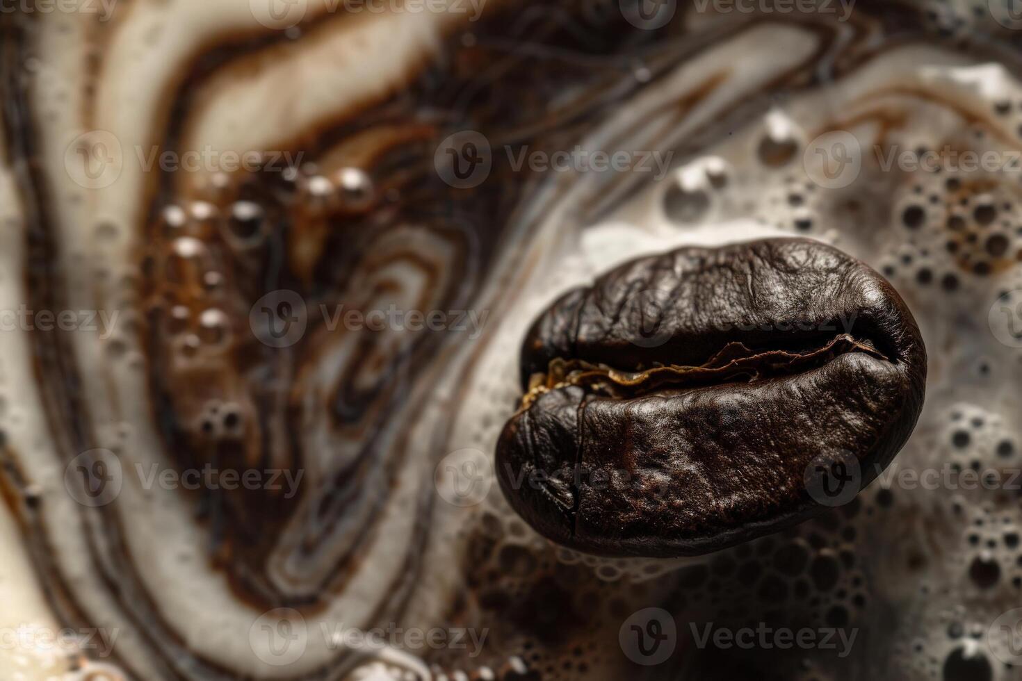 AI generated A single coffee bean rests on a rustic table, exhibiting its rich texture and aroma. photo