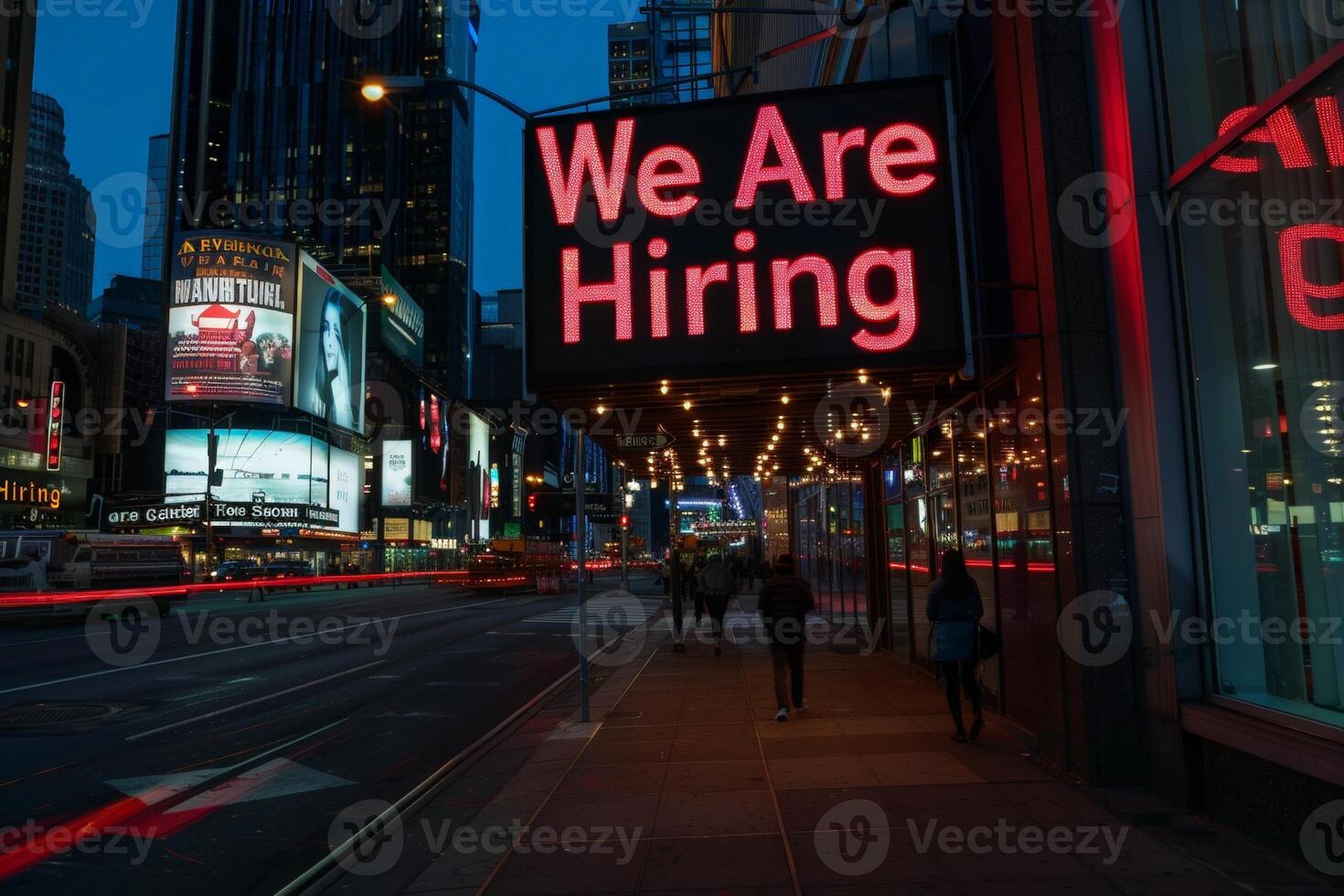AI generated A vibrant sign reading We are hiring on the side of a bustling building, inviting job seekers to explore new opportunities. photo