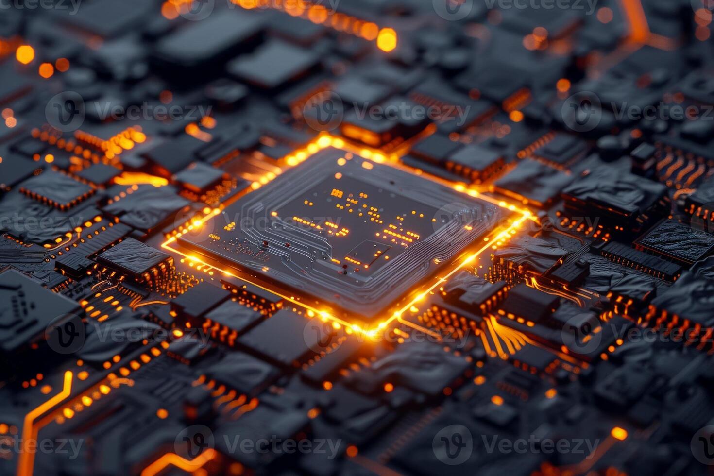 AI generated Detailed close-up of a computer chip with a futuristic design, glowing in neon colors, showcasing intricate patterns and technology. photo
