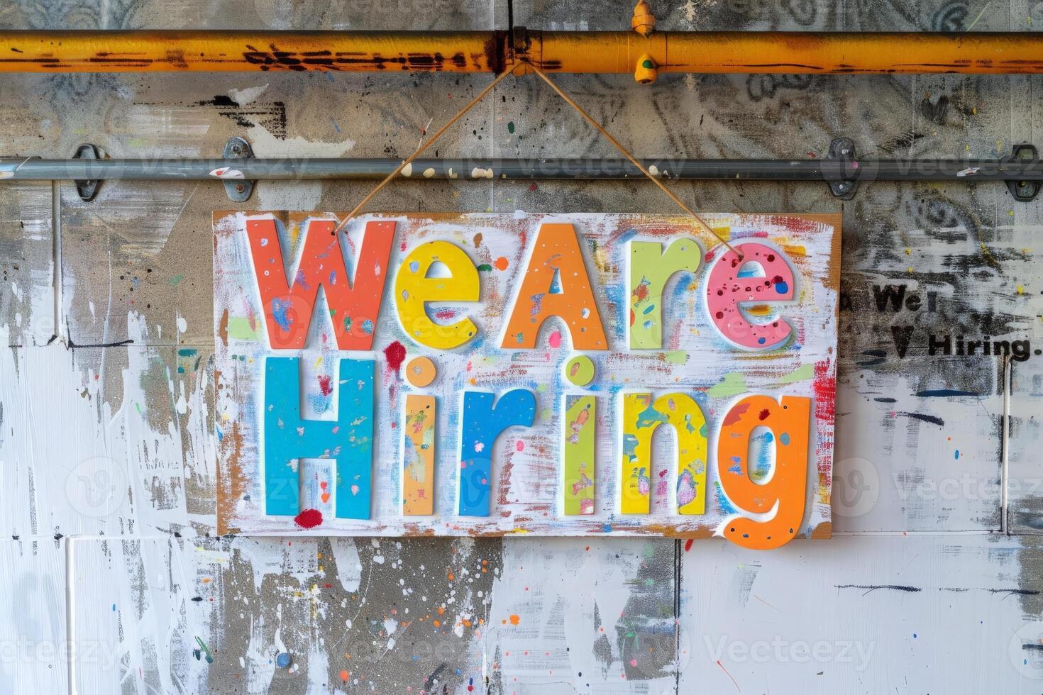 AI generated A hand-painted We Are Hiring sign hanging on a wall, signaling job opportunities and recruitment in progress. photo