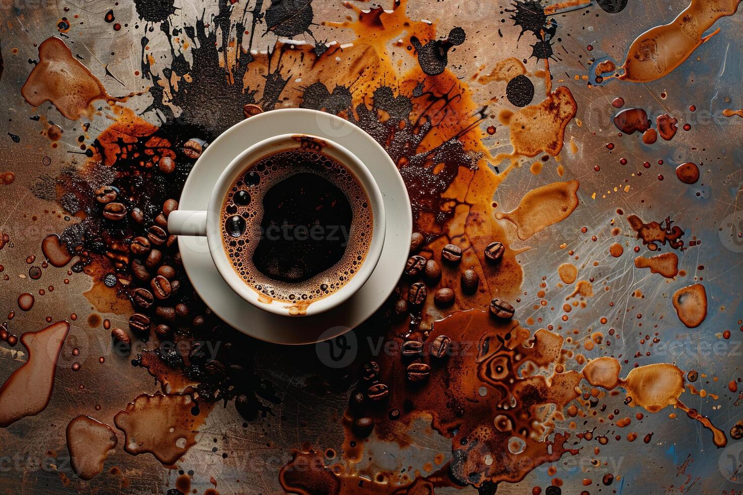 AI generated A steaming cup of coffee rests elegantly on a metal table, casting a warm and inviting glow in a serene setting. photo