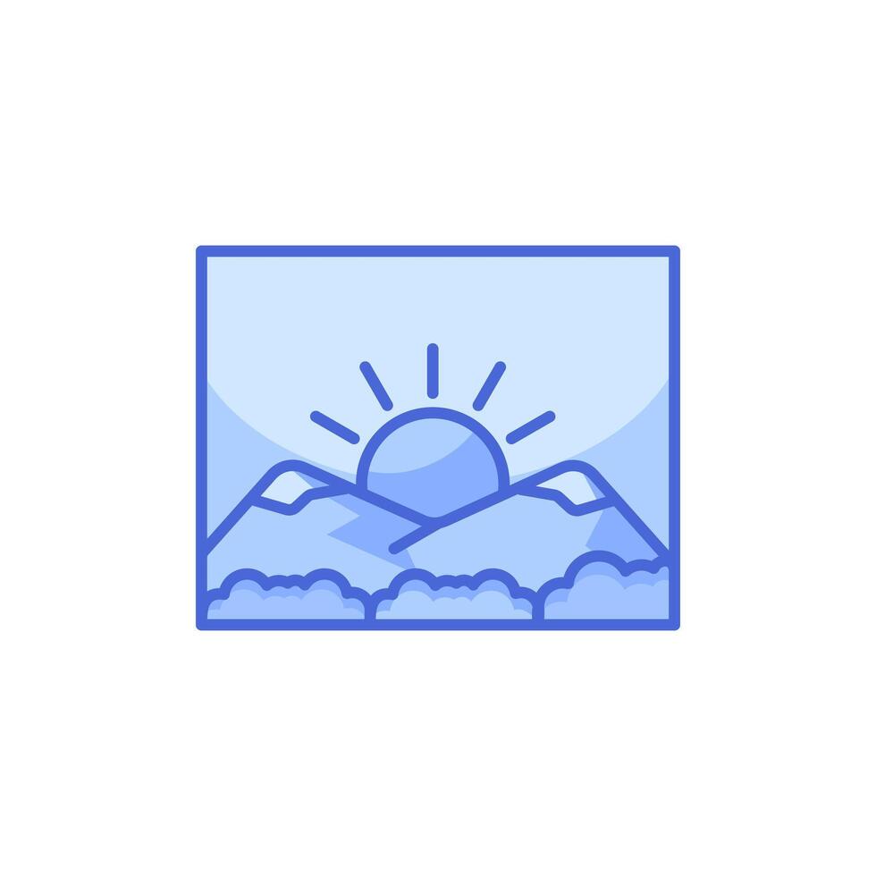 montaña paisaje icono logo con Dom. rectangular resumen icono de puesta de sol o amanecer. sencillo vector emblema, aislado en blanco antecedentes.