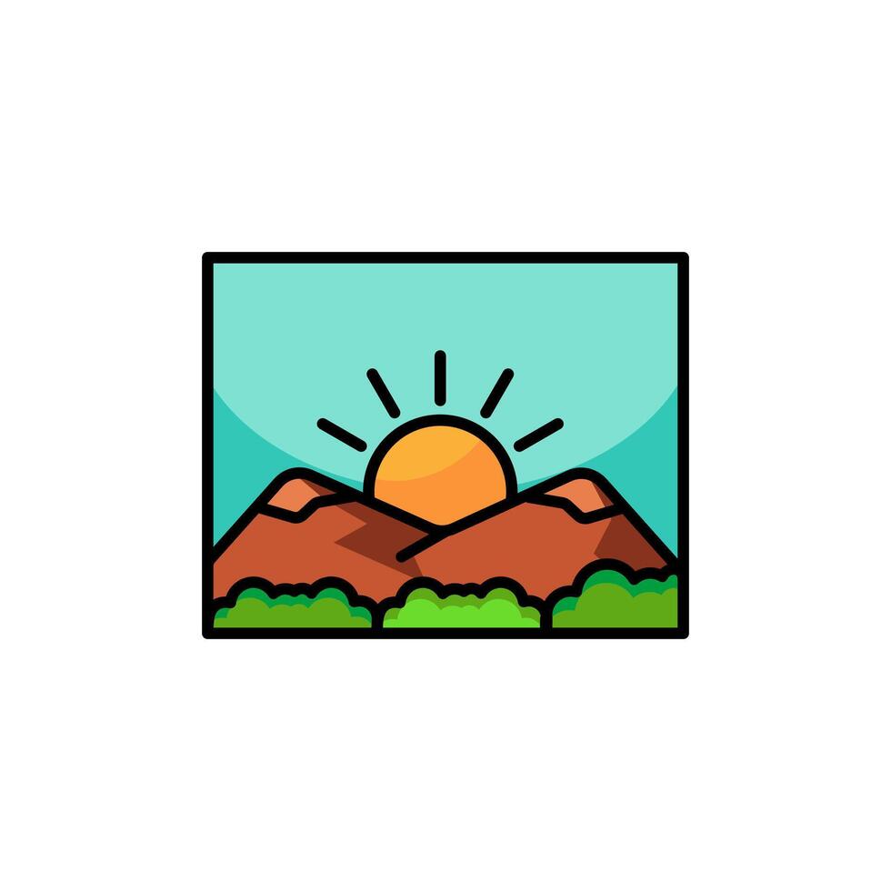 Mountain landscape icon logo with sun. Rectangular abstract icon of sunset or sunrise. Simple vector emblem, isolated on white background.