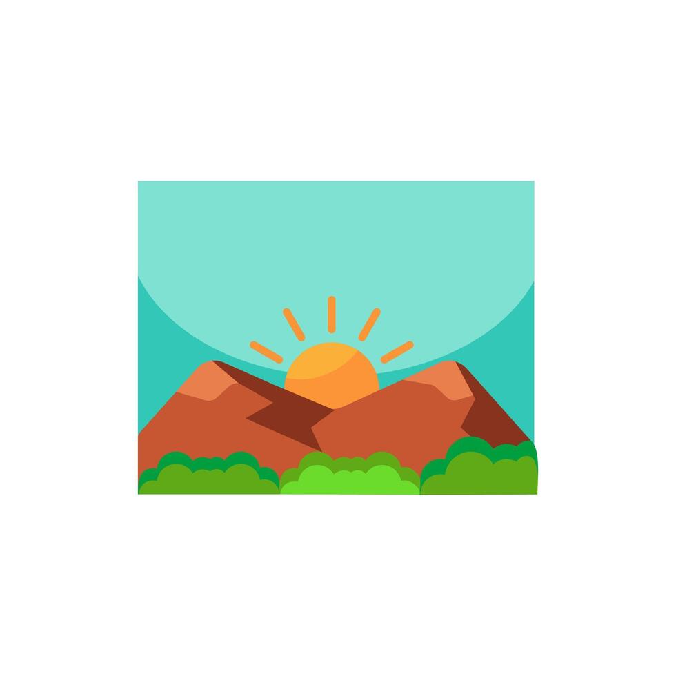 Mountain landscape icon logo with sun. Rectangular abstract icon of sunset or sunrise. Simple vector emblem, isolated on white background.