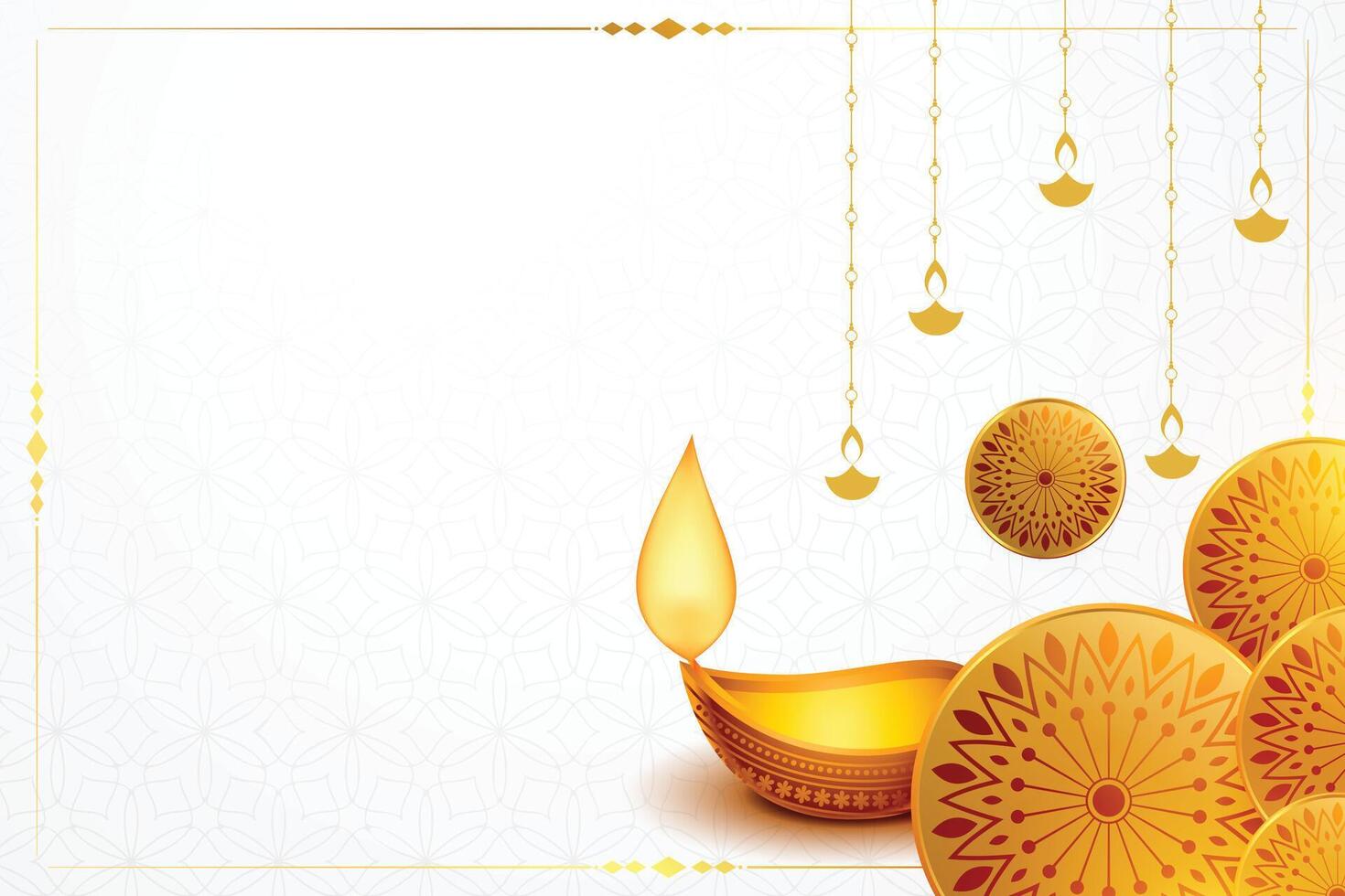 happy diwali banner with golden diya and text space vector