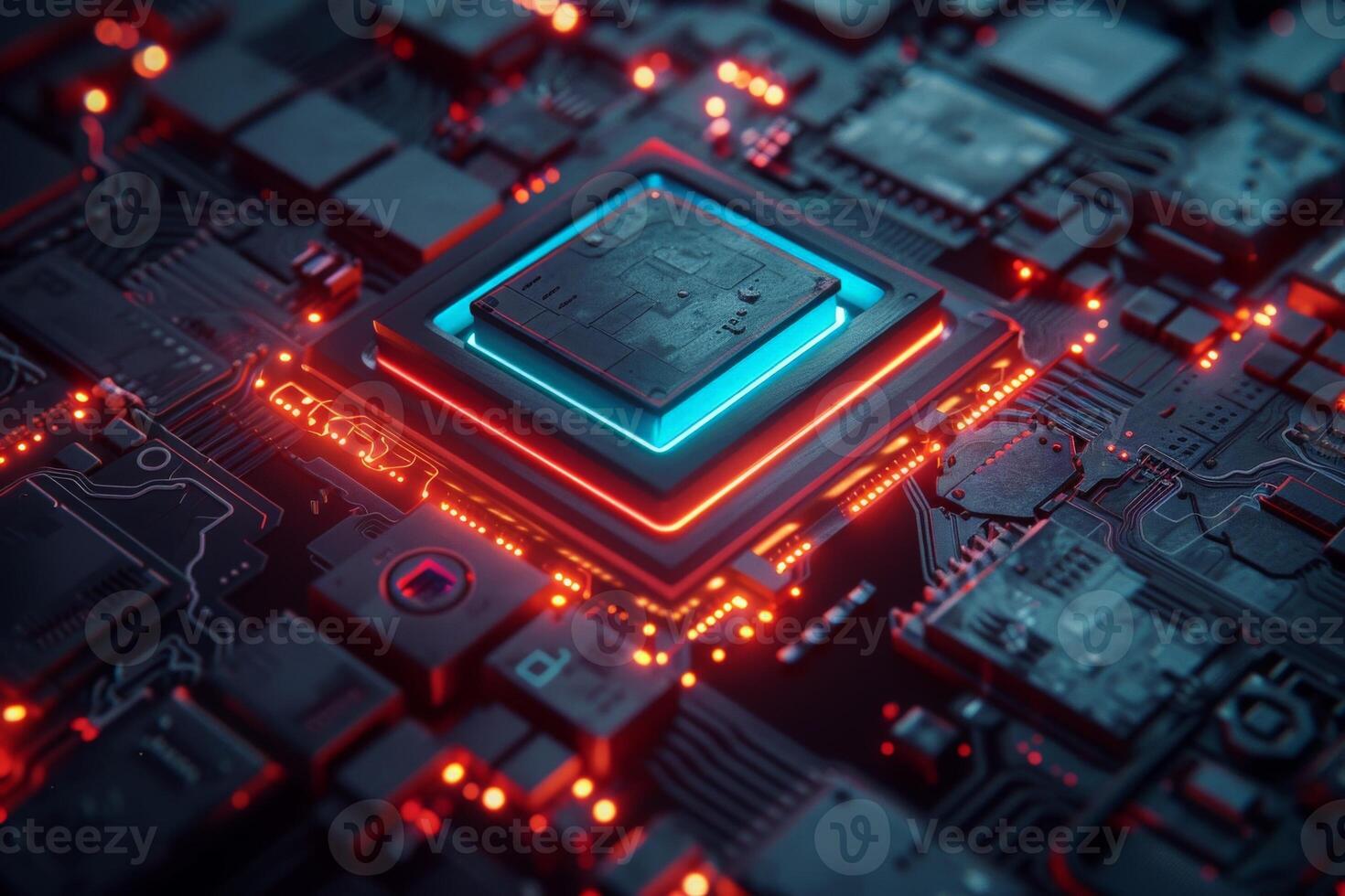 AI generated A close-up of a computer processor illuminated by vibrant red and blue lights, showcasing its intricate design and futuristic aesthetics. photo