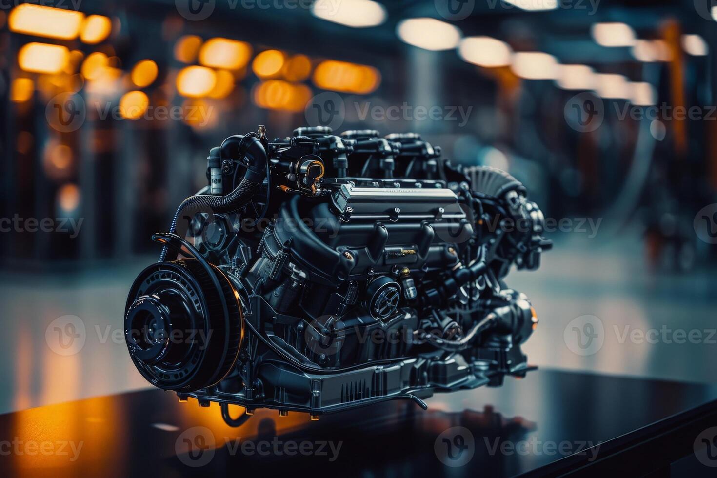 AI generated A state-of-the-art automotive engine is exhibited in this close-up view, showcasing intricate details on a tabletop. photo