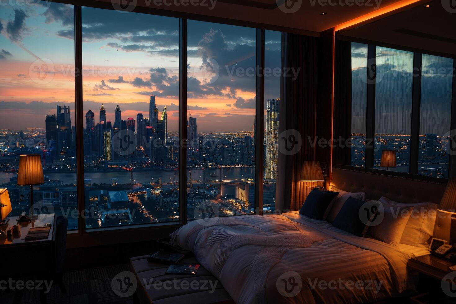 AI generated A luxurious hotel room with an expansive view of the city at night, with twinkling lights and skyscrapers visible through large windows. photo
