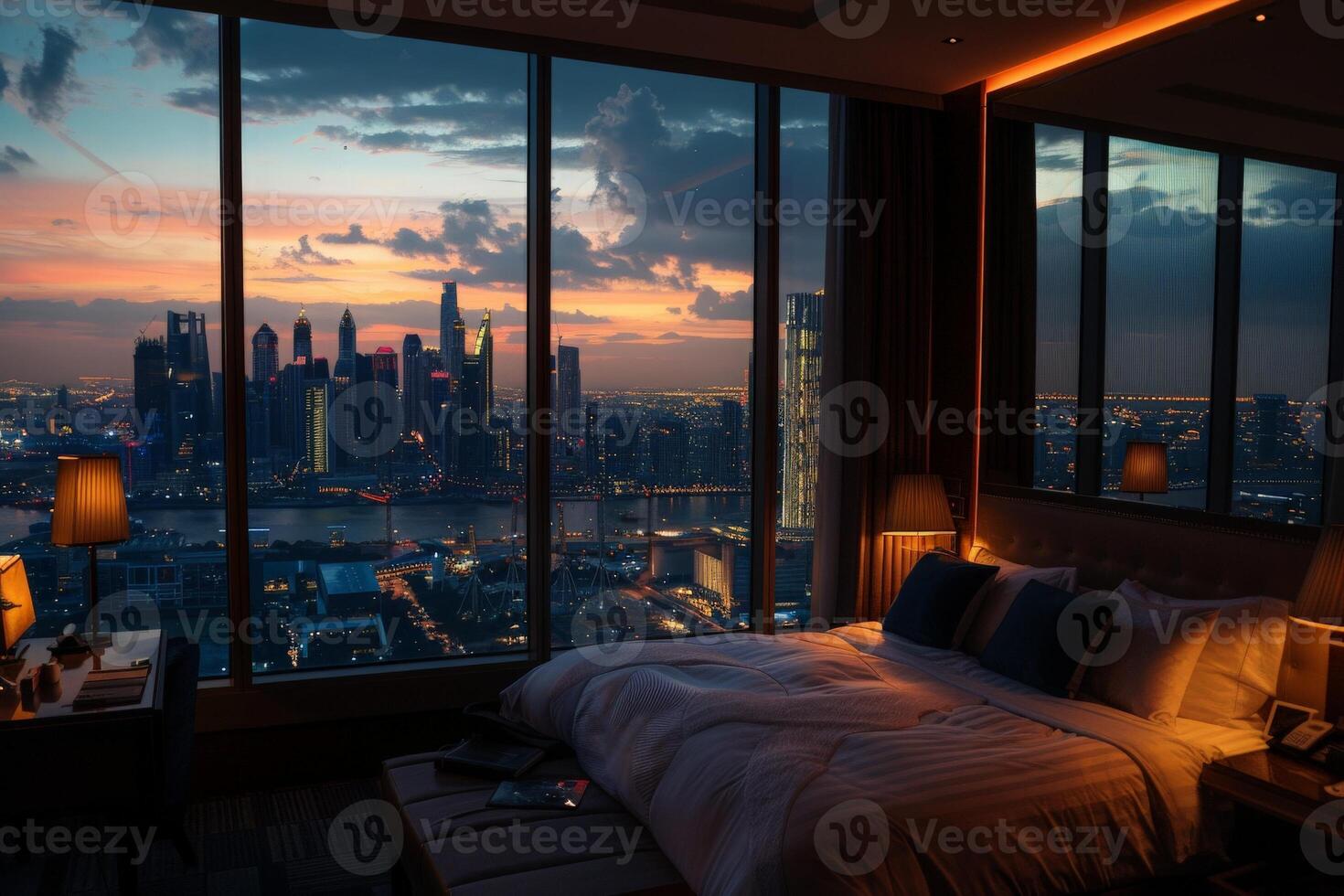 AI generated A luxurious hotel room with an expansive view of the city at night, with twinkling lights and skyscrapers visible through large windows. photo