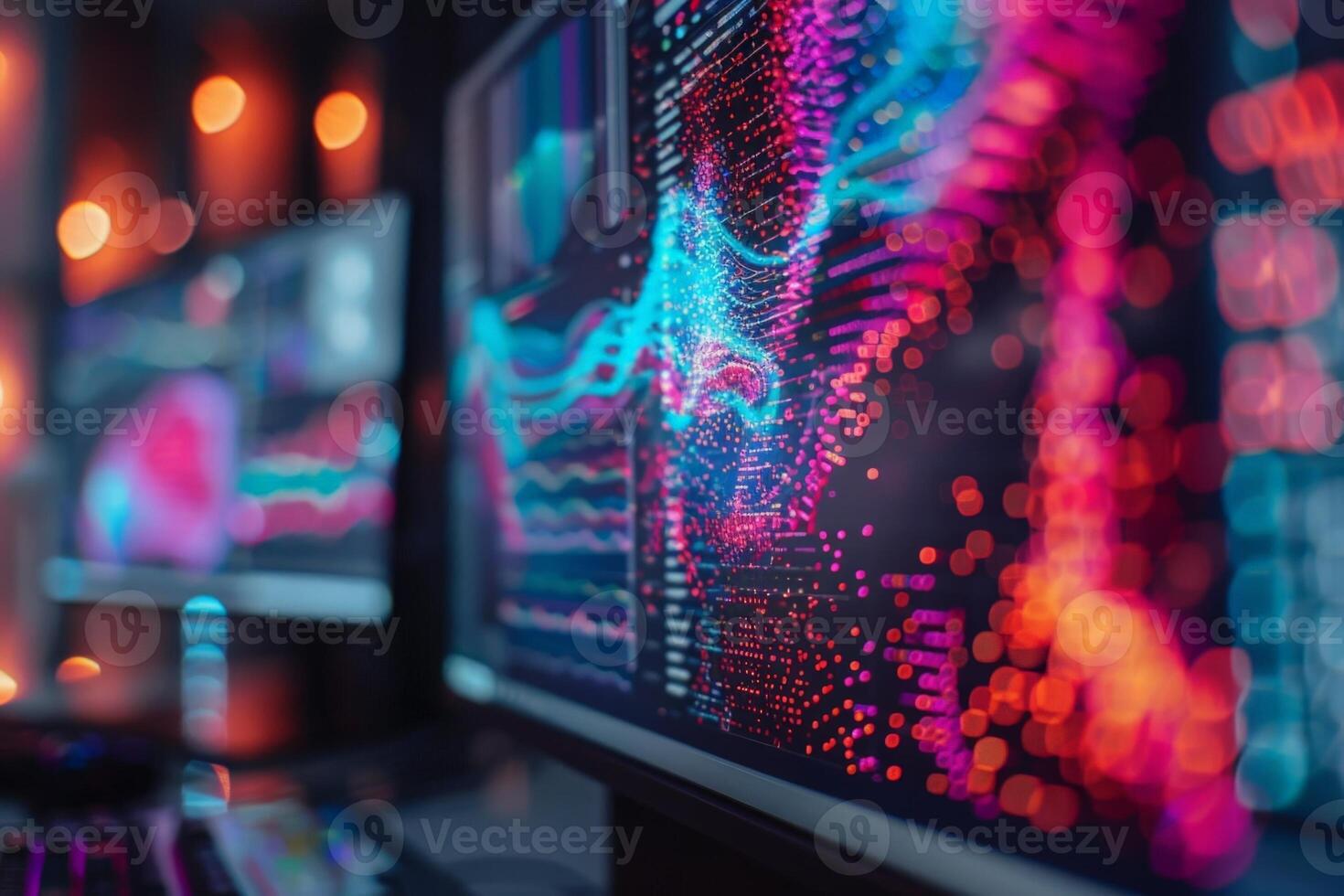 AI generated A computer screen close-up with vibrant visuals, surrounded by blurry lights in the background. photo