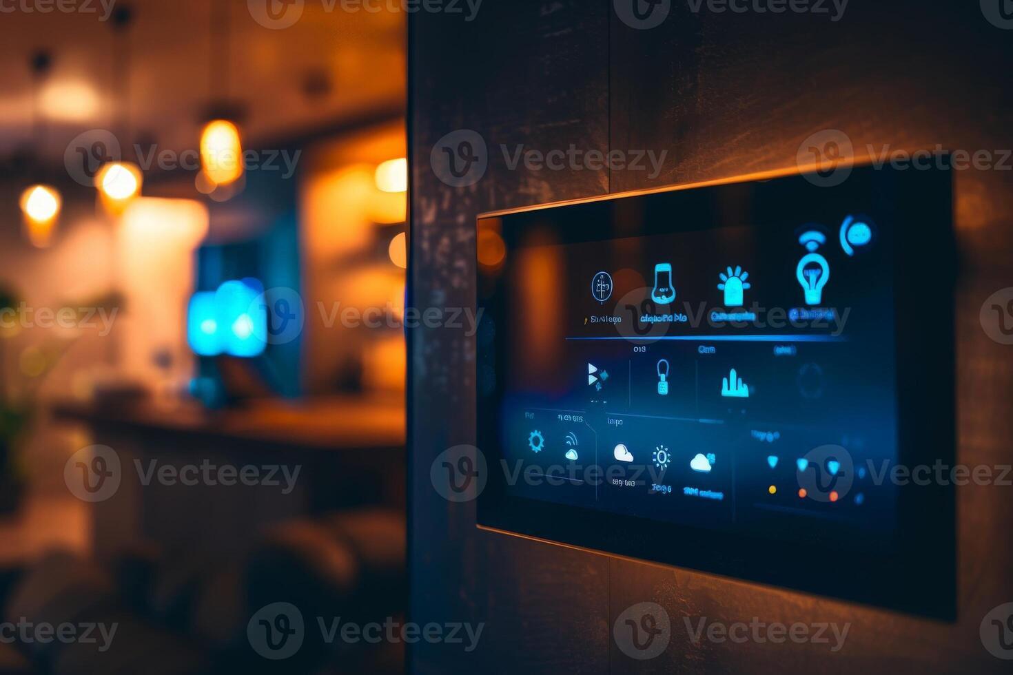 AI generated A smart home control panel glowing softly on the wall of a restaurant, overseeing the culinary operations with precision and finesse. photo