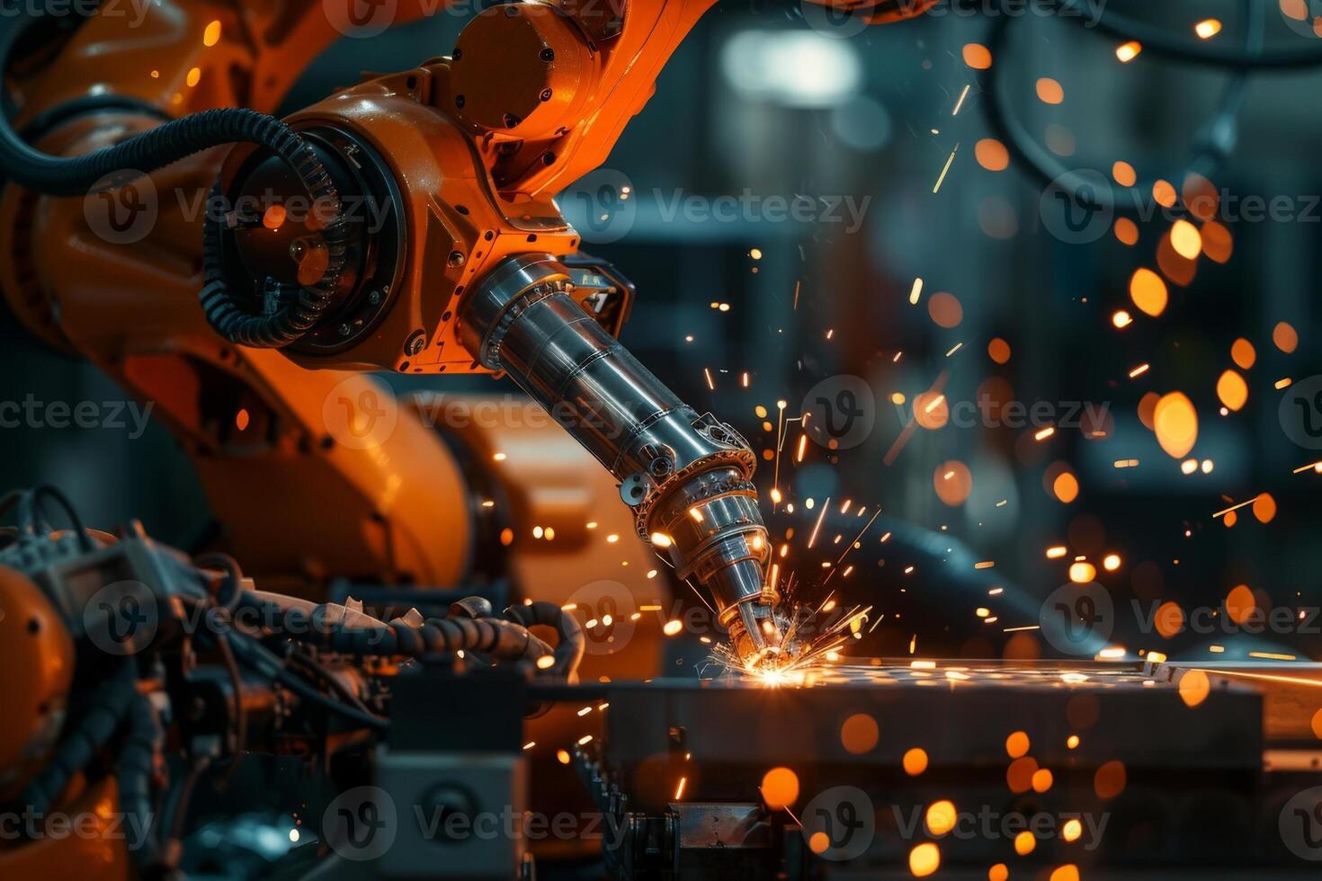 AI generated A machine cutting a piece of metal, sending sparks flying in a mesmerizing dance of light and shadow. photo