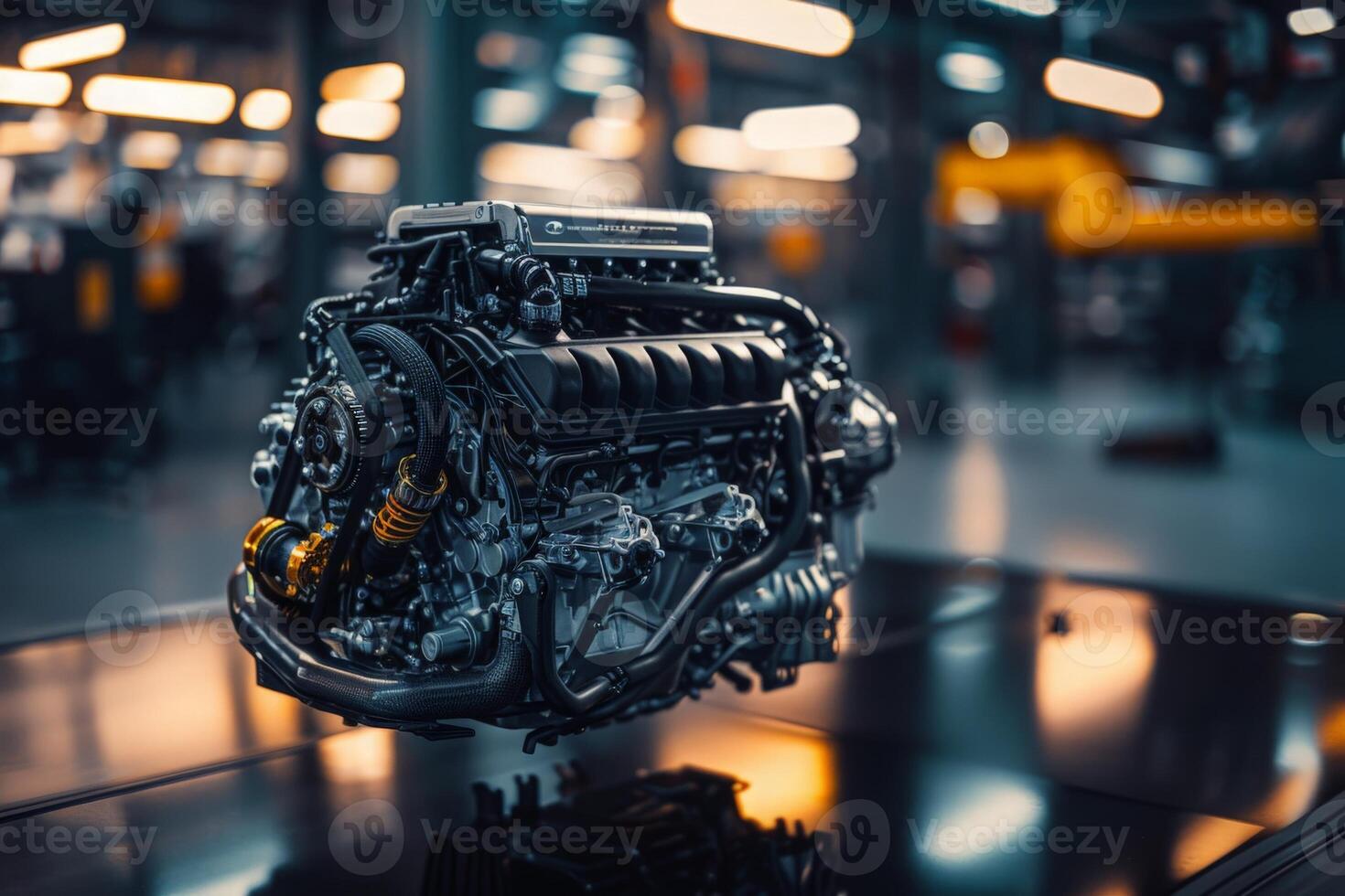 AI generated Witness a cutting-edge automotive engine displayed on a table, showcasing the intricate mechanics that power our machines. photo