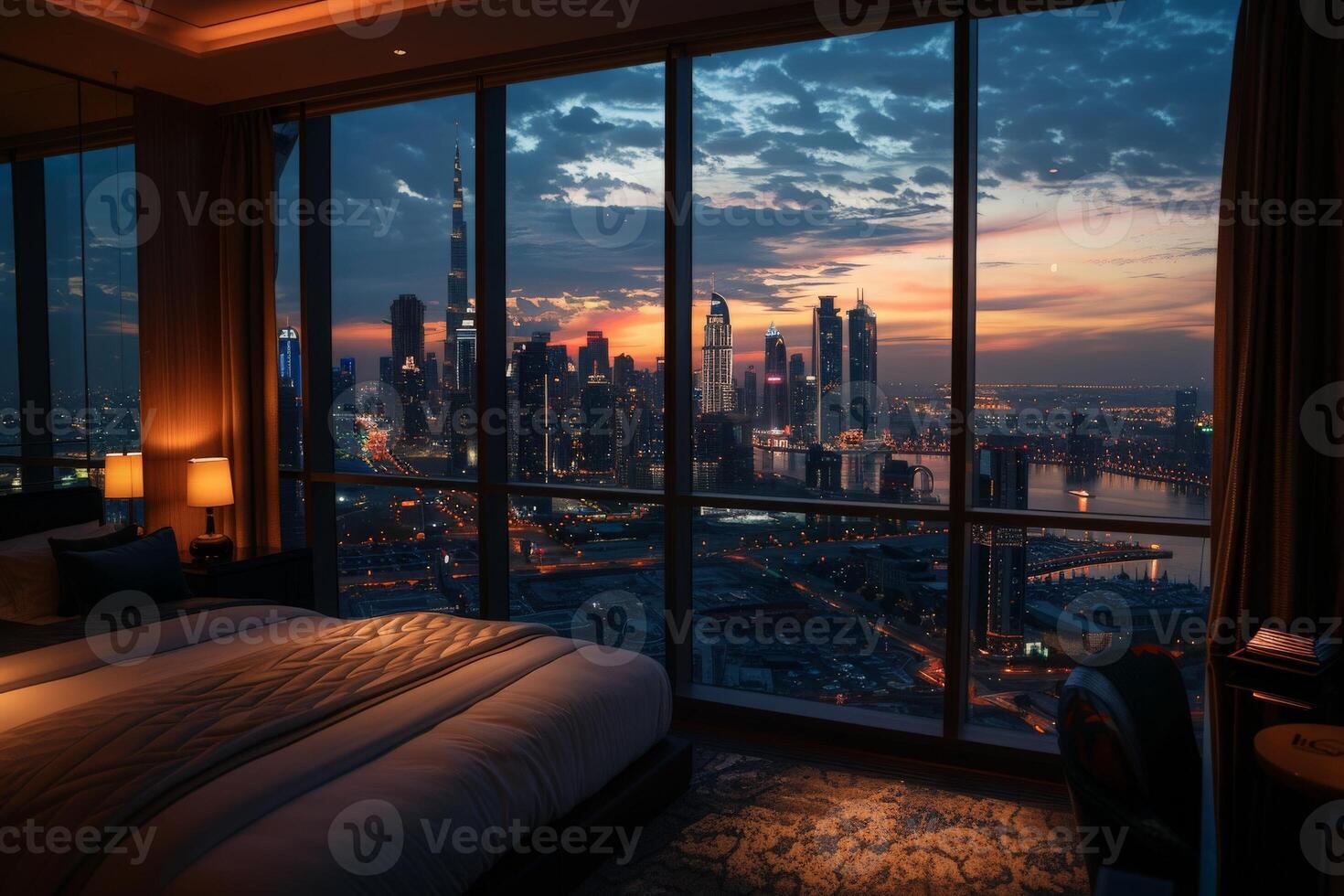 ai generado un lujoso hotel habitación con un panorámico ver de el ciudad horizonte a noche, exhibiendo centelleo luces y bullicioso calles abajo. foto