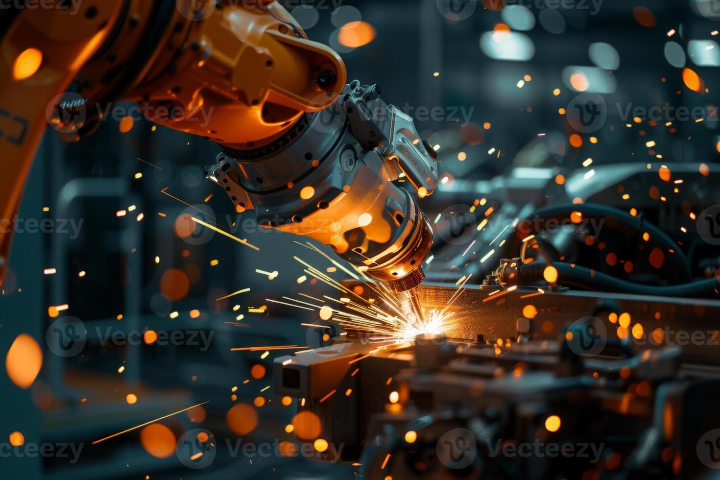 AI generated A robotic arm welds with bright sparks fly in a dark, industrial setting. photo