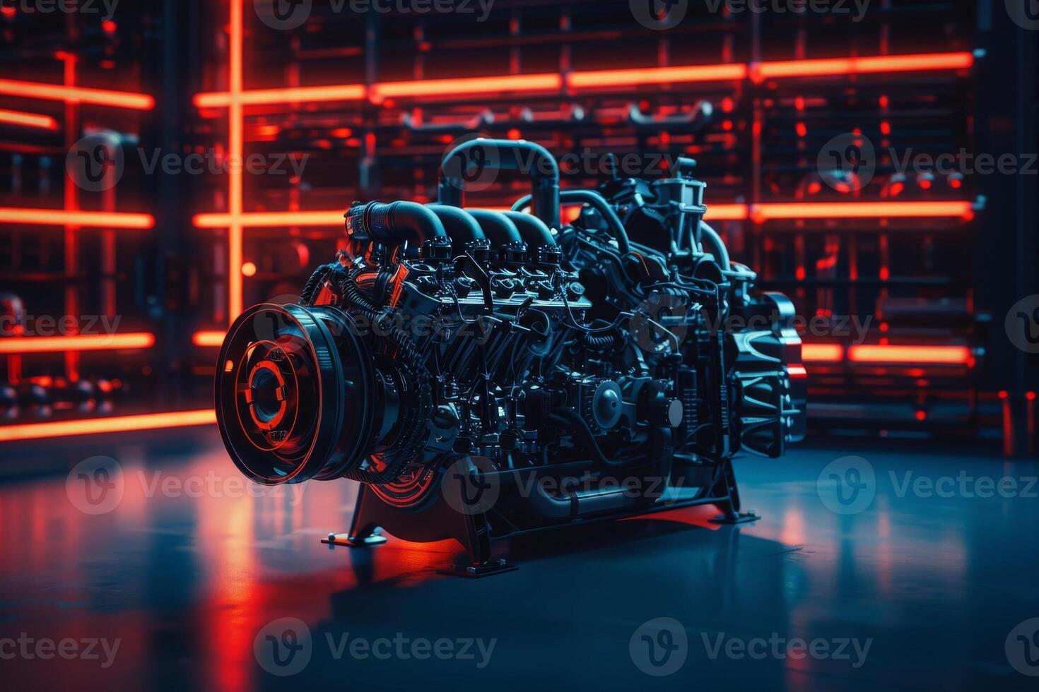 AI generated A large, cutting-edge automotive engine is showcased atop a sturdy table, exuding power and innovation. photo