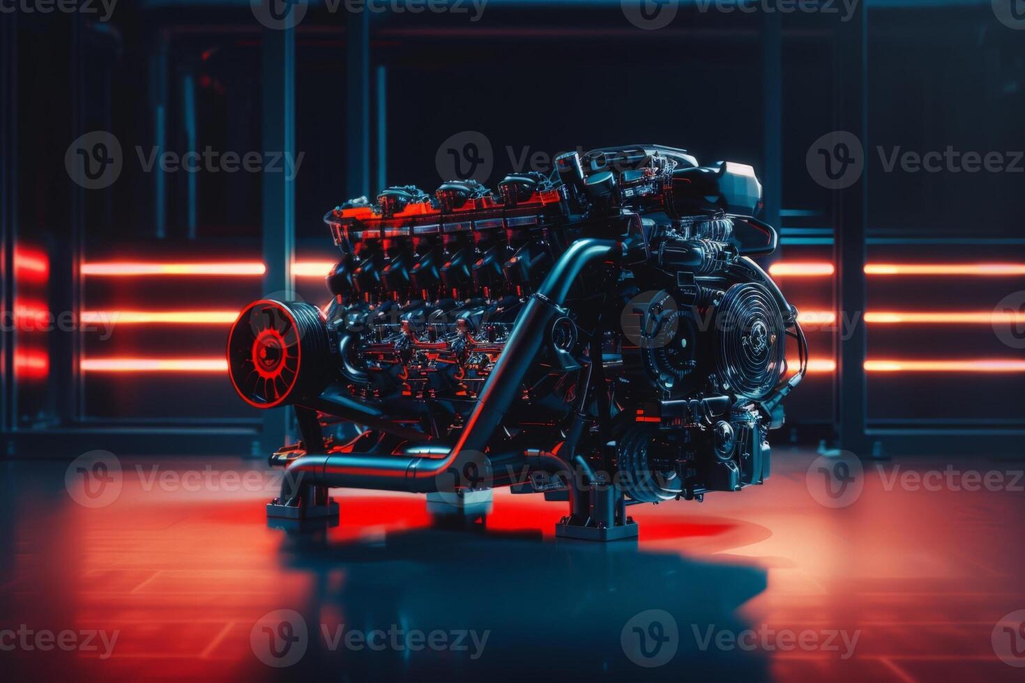 AI generated A cutting-edge automotive engine stands out on a vibrant red floor. photo