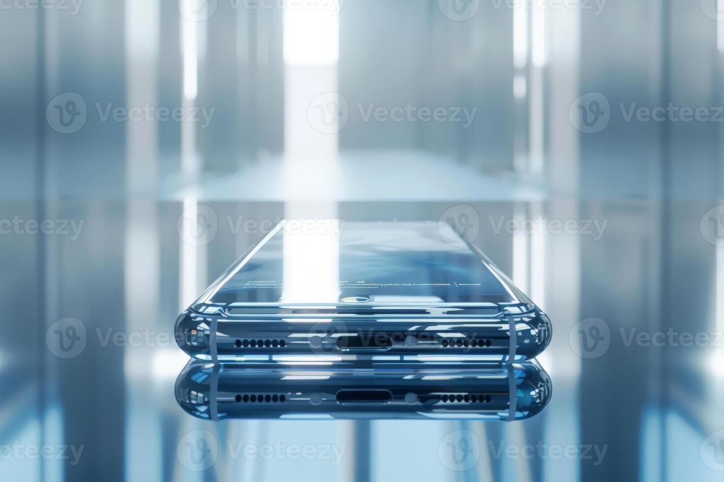 AI generated A transparent smartphone projects a vibrant hologram while resting on a glass table. photo