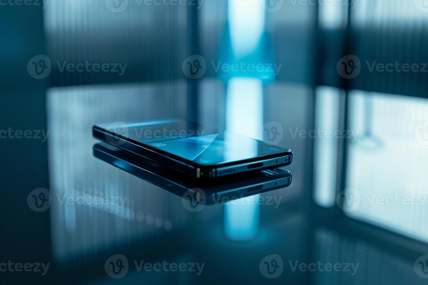 AI generated A sleek transparent smartphone is displaying a holographic projection on a table in this technologically advanced setting. photo