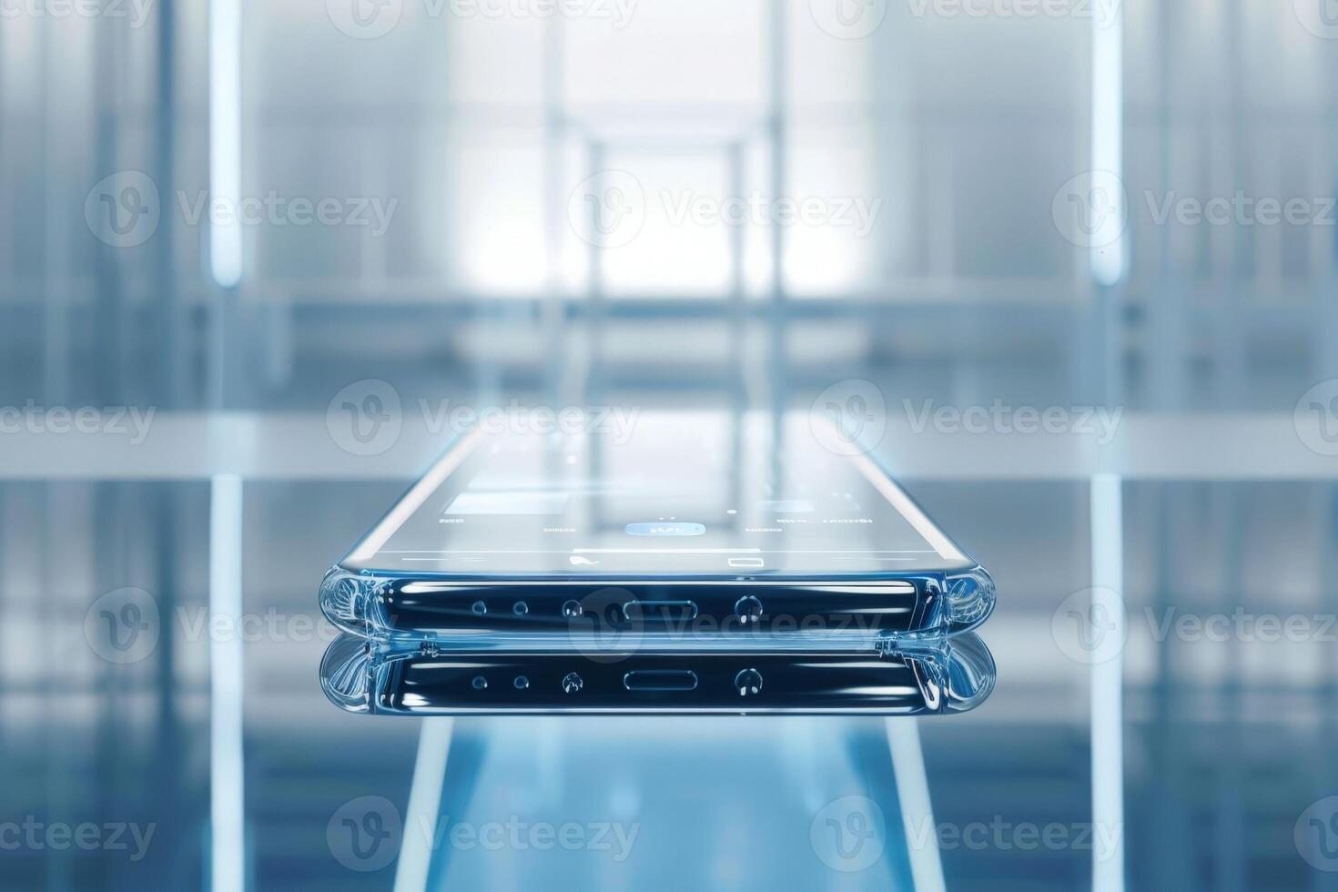 AI generated A cutting-edge transparent smartphone captivates with its design on a reflective surface. photo