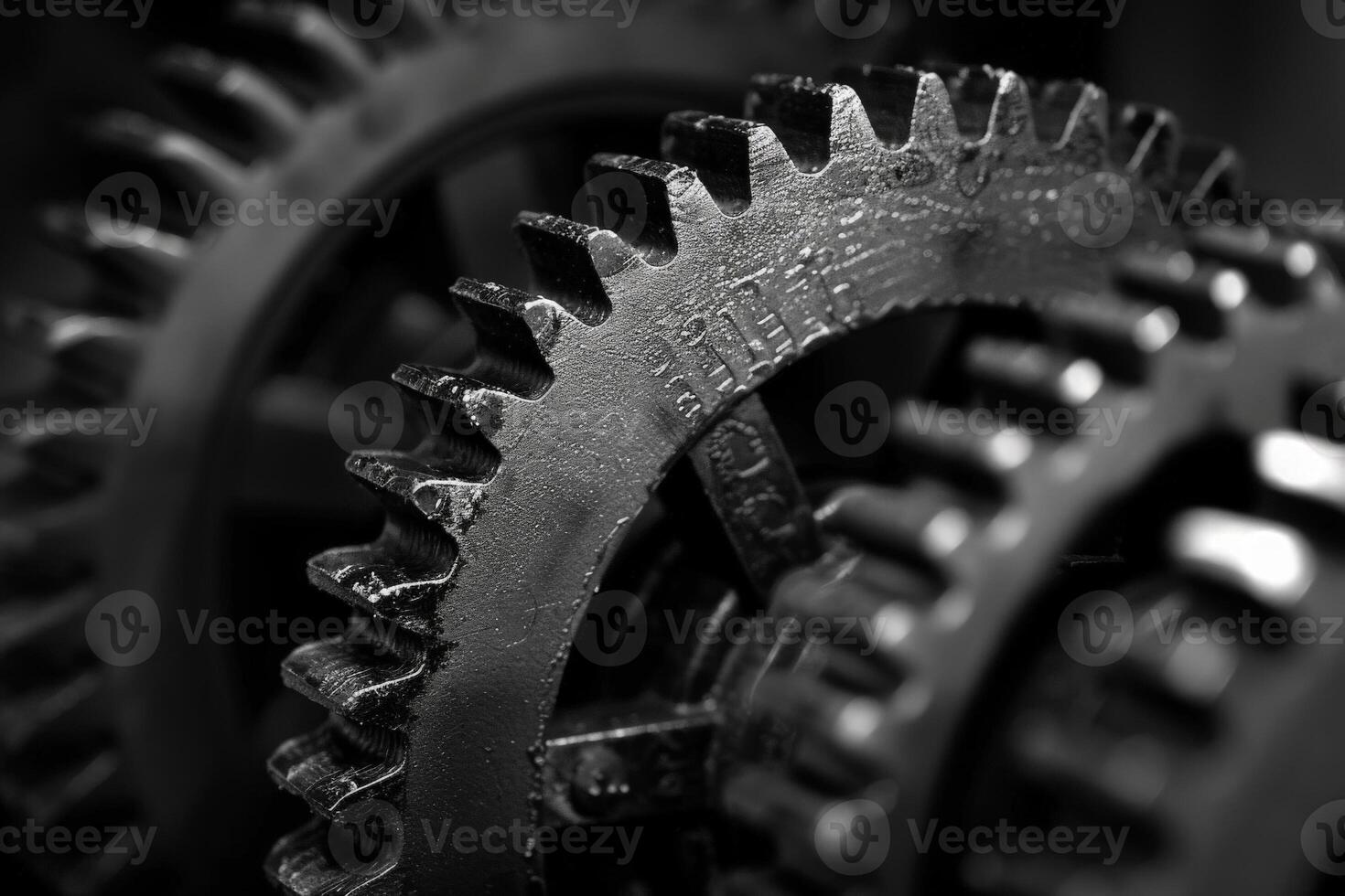 AI generated A close-up of intertwined metallic gears and cogs, showcasing intricate patterns and mechanical precision. photo