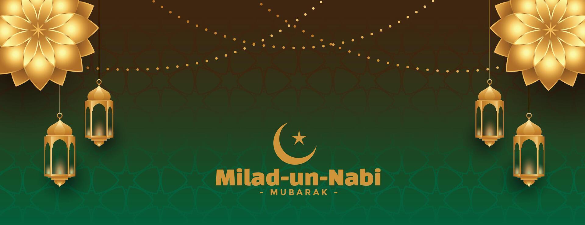 milad Naciones Unidas nabi Mubarak deseos bandera con dorado flor vector