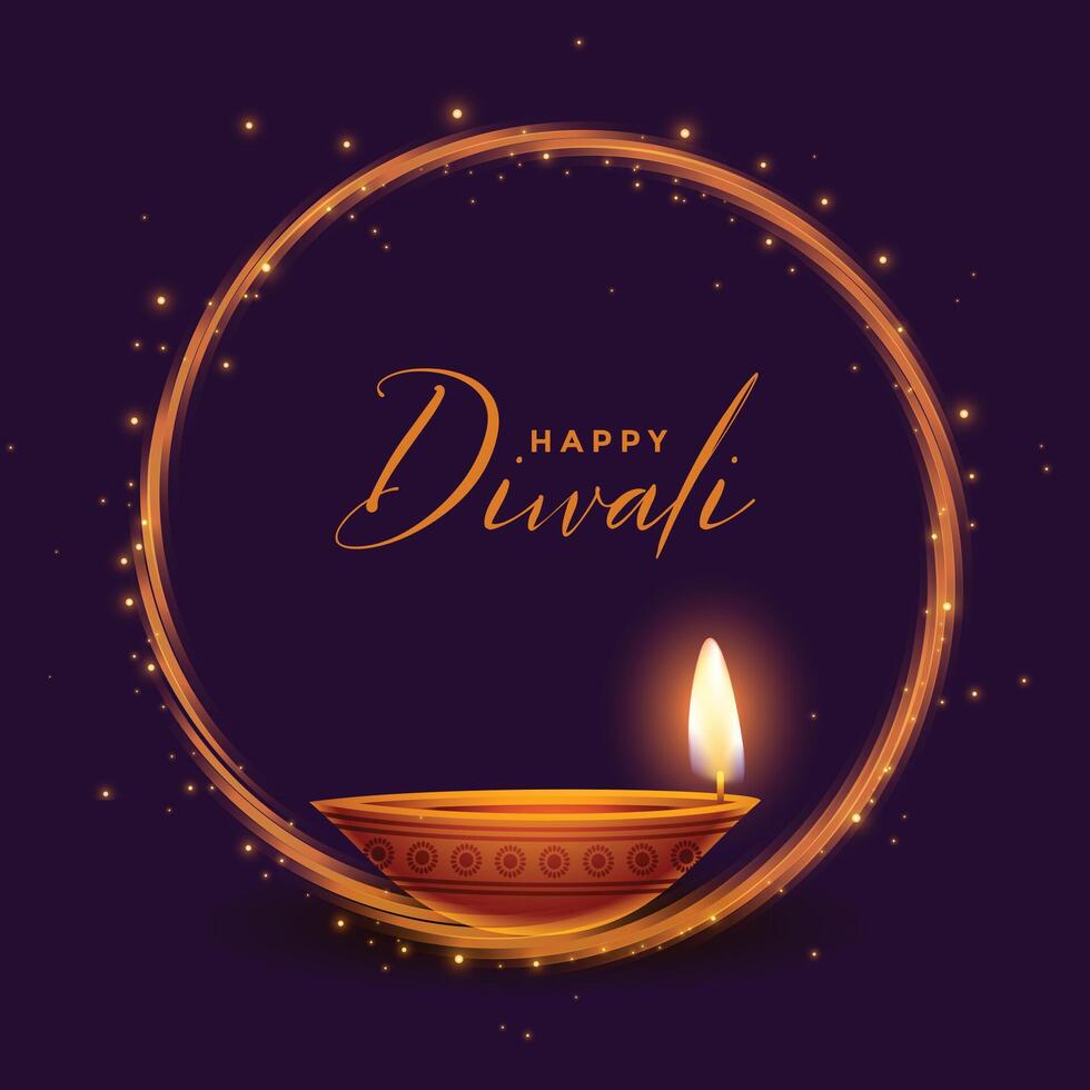 happy diwali shiny festival card with realistic diya design vector