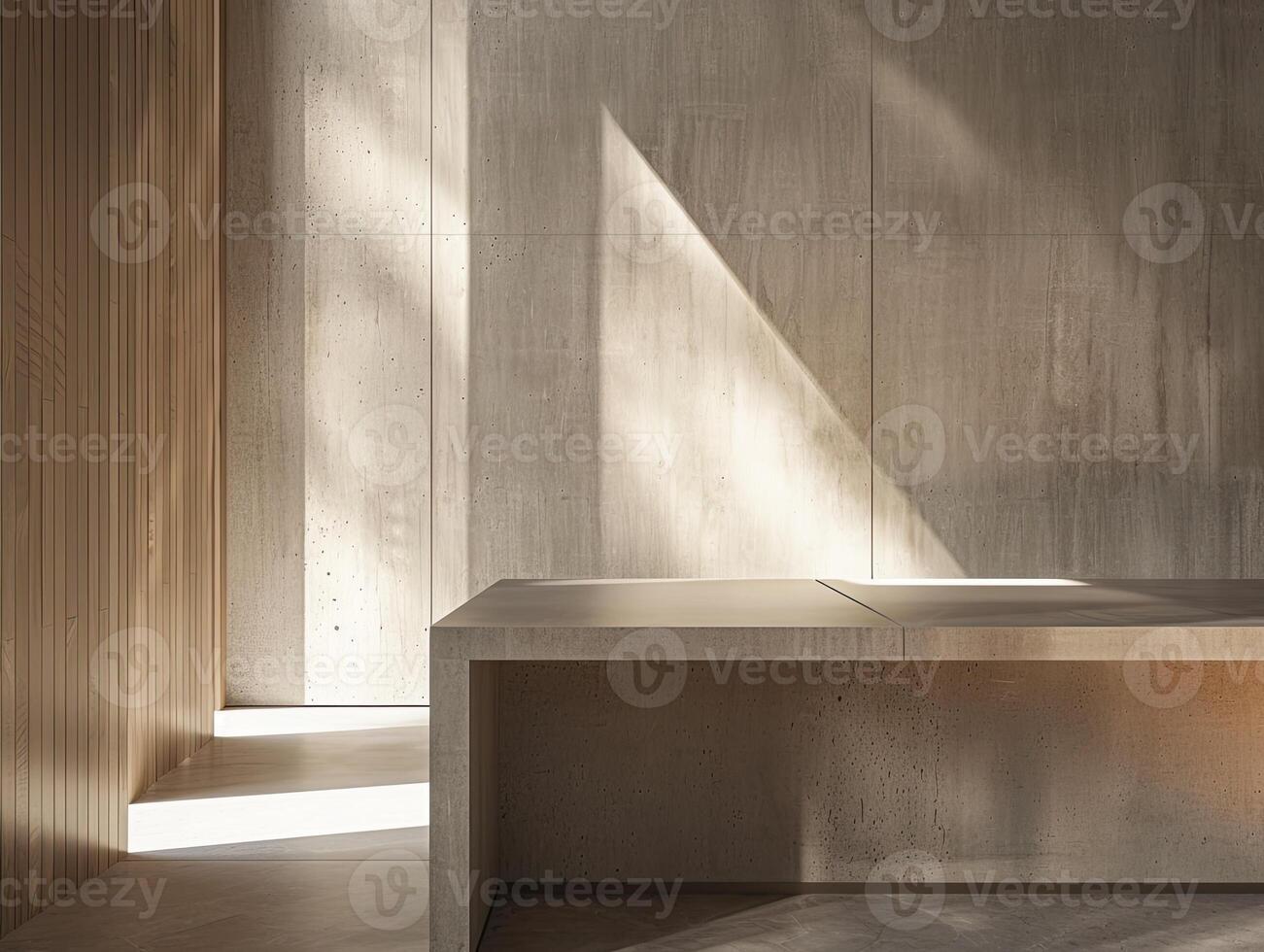 ai generado minimalista interior diseño, hormigón textura con natural madera acentos, en moderno elegancia foto