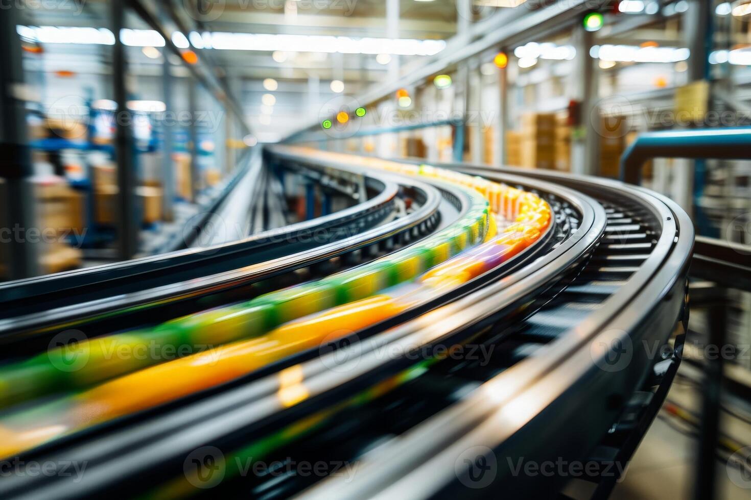 AI generated Detailed shot of a conveyor belt system equipped with a train track inside a building, showcasing industrial design and functionality. photo