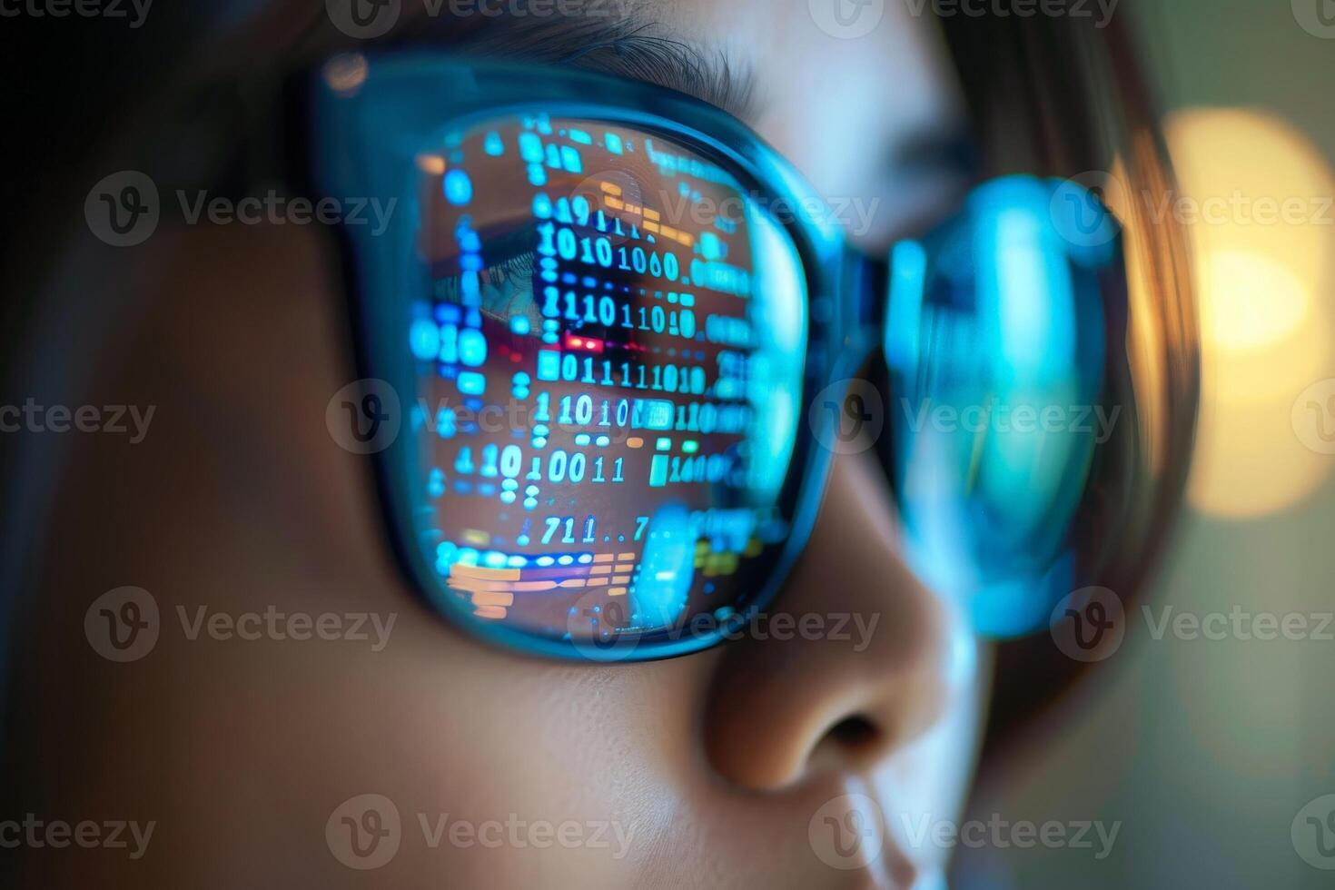 AI generated Close up of glasses with binary code reflected on lenses, creating a futuristic and tech-savvy vibe. photo