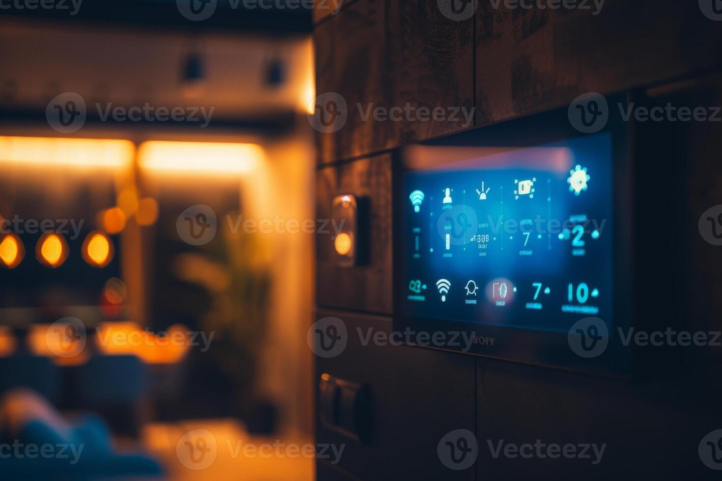 AI generated A sleek touchscreen interface controls home features as dusk falls, bringing a high-tech touch to home living. photo