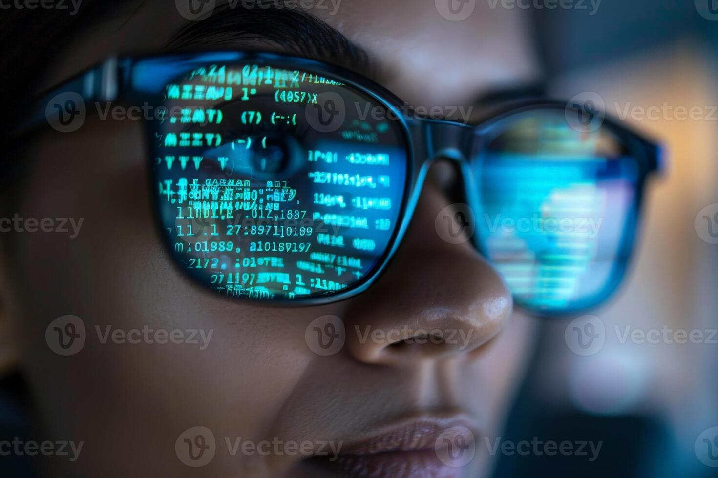 AI generated A person with glasses reflecting a sequence of binary code on a programmable device. photo