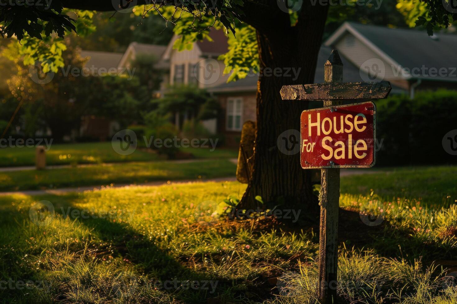 AI generated A vibrant House For Sale sign stands in front of a majestic tree, offering a chance to own a new home in a serene setting. photo